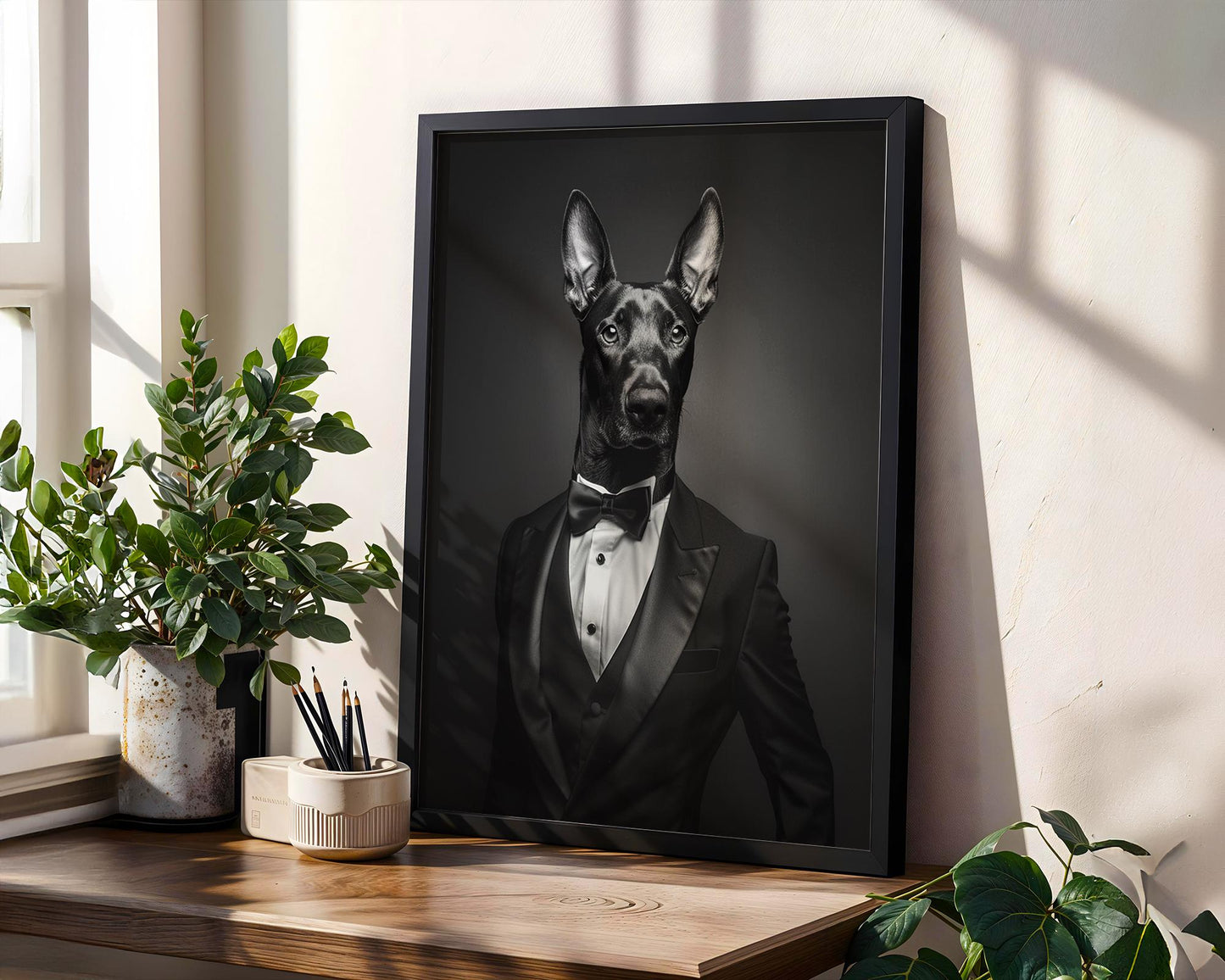 Dog Photography Doberman in Tuxedo Print | Modern Pet Portrait, Black Tie wall art print, minimalist black and white poster, modern Scandinavian wall decor, Monohaus