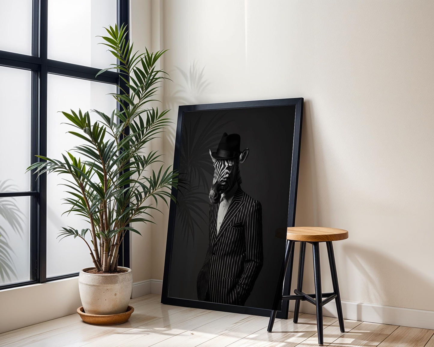 Designer Wall Art | Black and White Zebra in Suit | Anthropomorphic Animal wall art print, minimalist black and white poster, modern Scandinavian wall decor, Monohaus