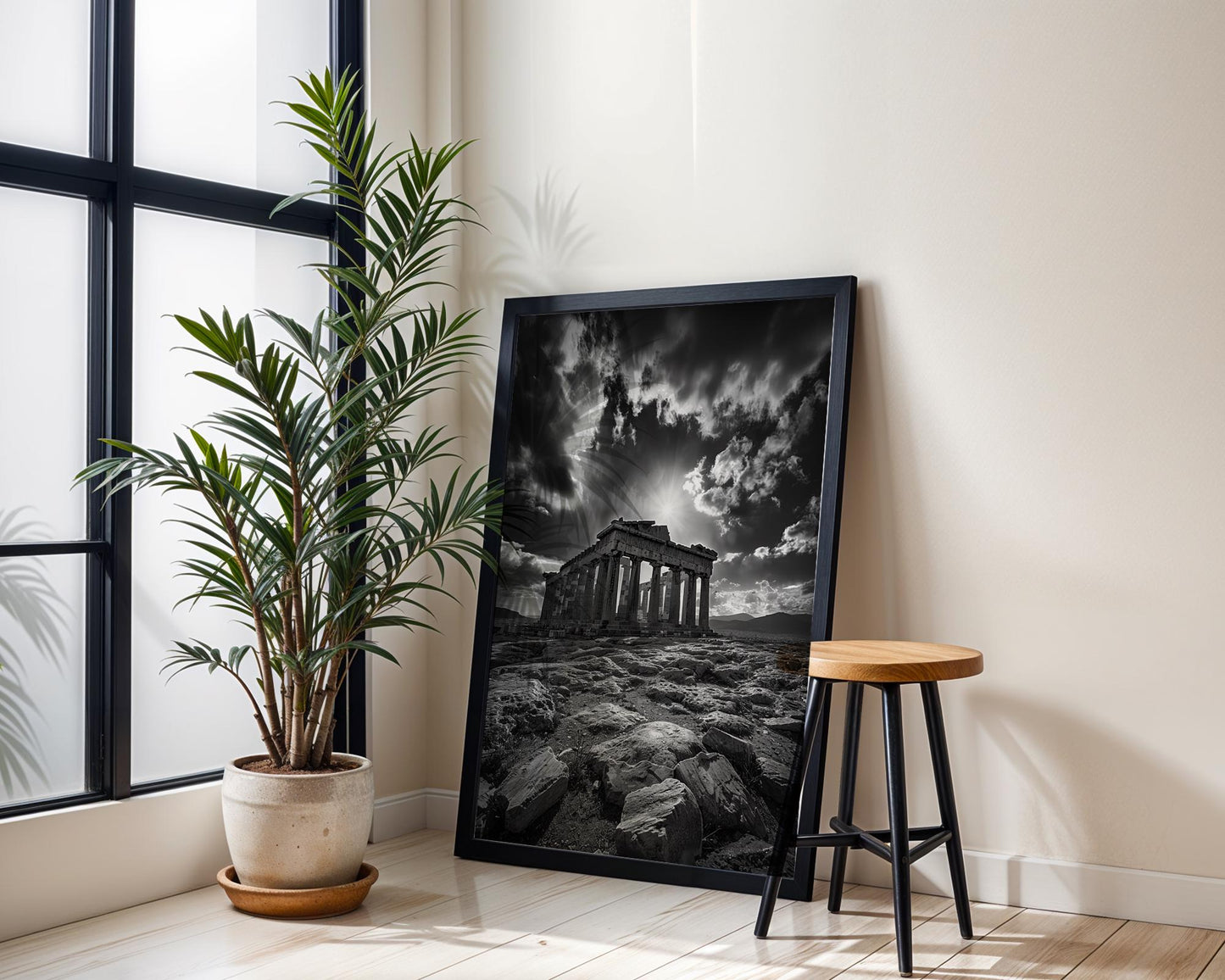 World Landmark | Parthenon Temple Sunburst Print | Black and White Athens Architecture