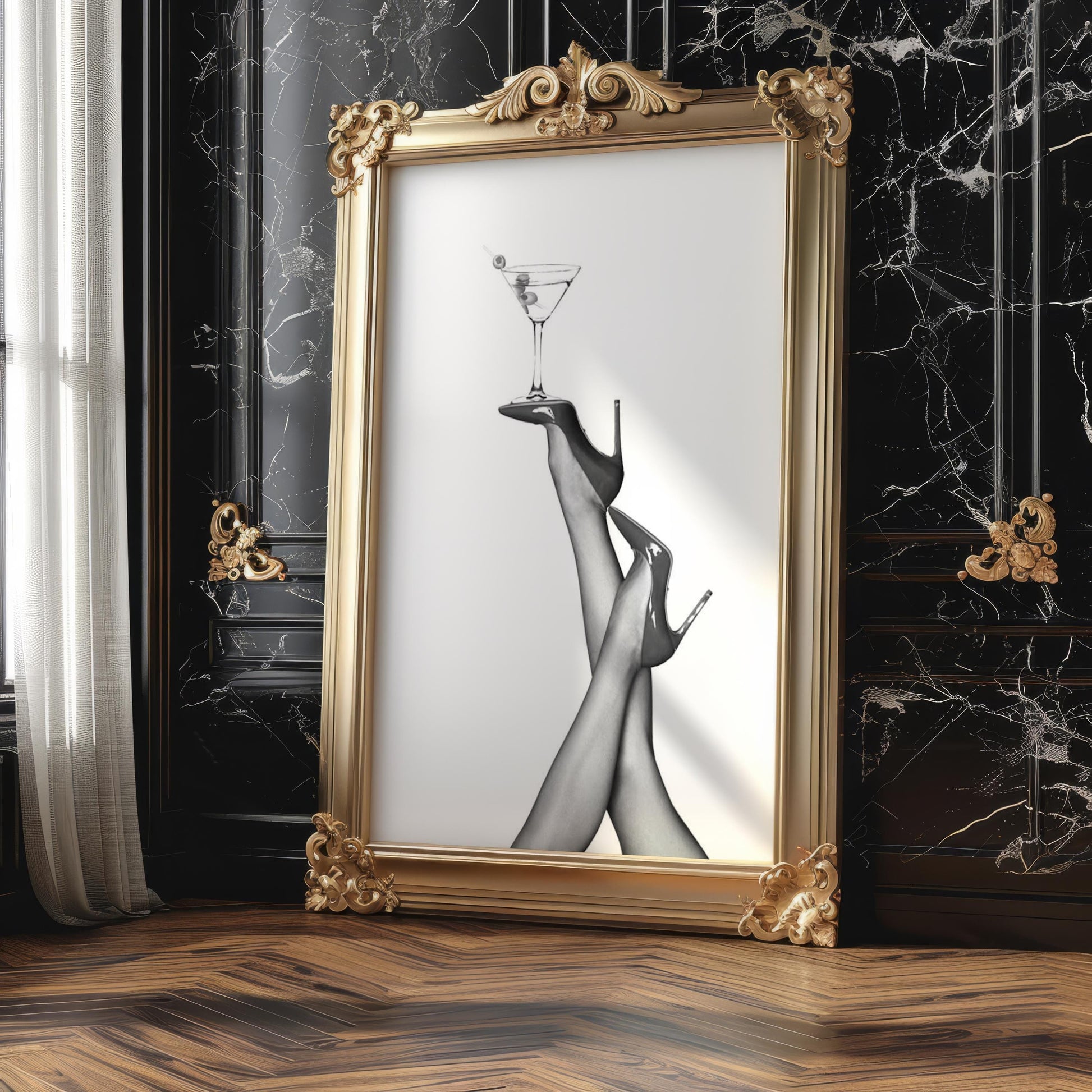 Designer Wall Art | Martini & Heels Print | Black and White Fashion Home Decor wall art print, minimalist black and white poster, modern Scandinavian wall decor, Monohaus