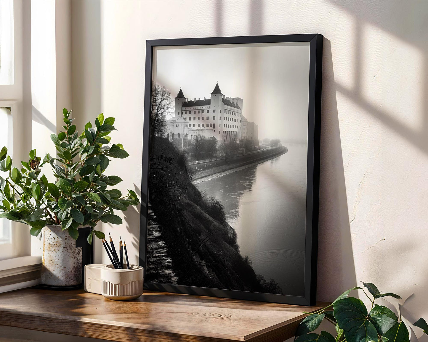 World Landmark | Bratislava Castle Print | Danube River, Black and White Photography wall art print, minimalist black and white poster, modern Scandinavian wall decor, Monohaus