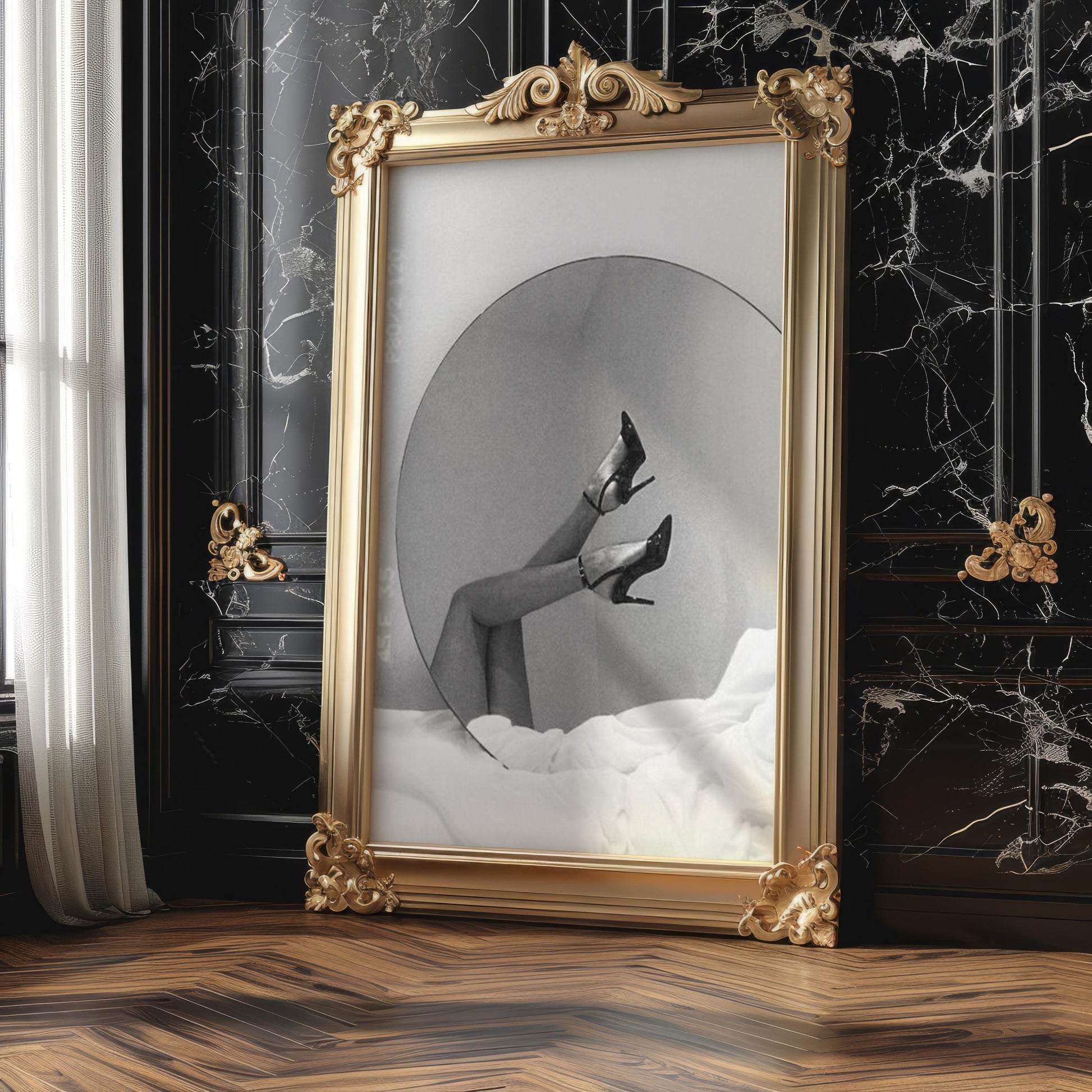 Designer Wall Art | Heels Reflection Print | Black and White Glamour Photography wall art print, minimalist black and white poster, modern Scandinavian wall decor, Monohaus