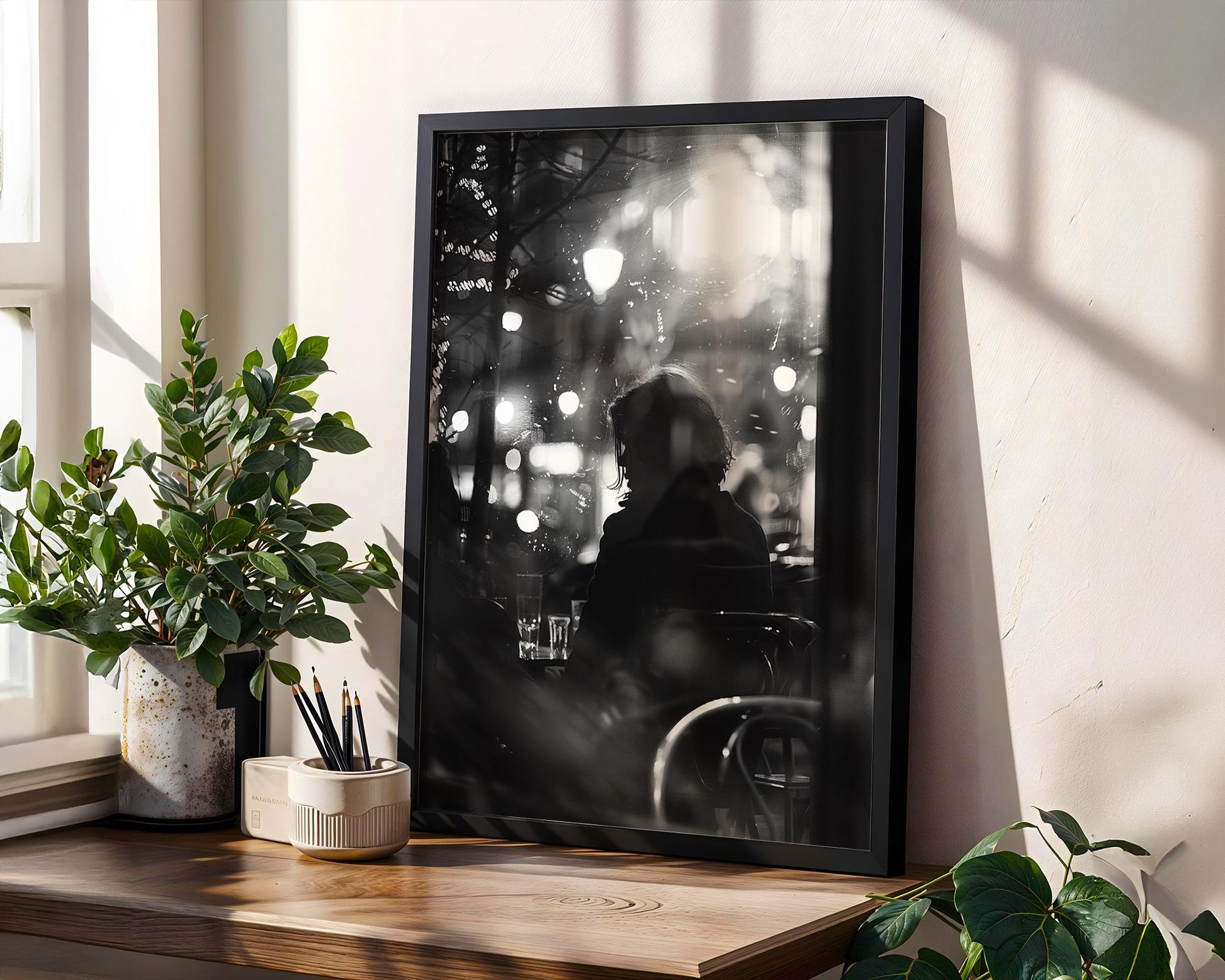 Urban Photography | Cafe Silhouette Print | Moody Black and White Night Photography black and white photo print, minimalist monochrome wall art poster for modern interiors, Monohaus