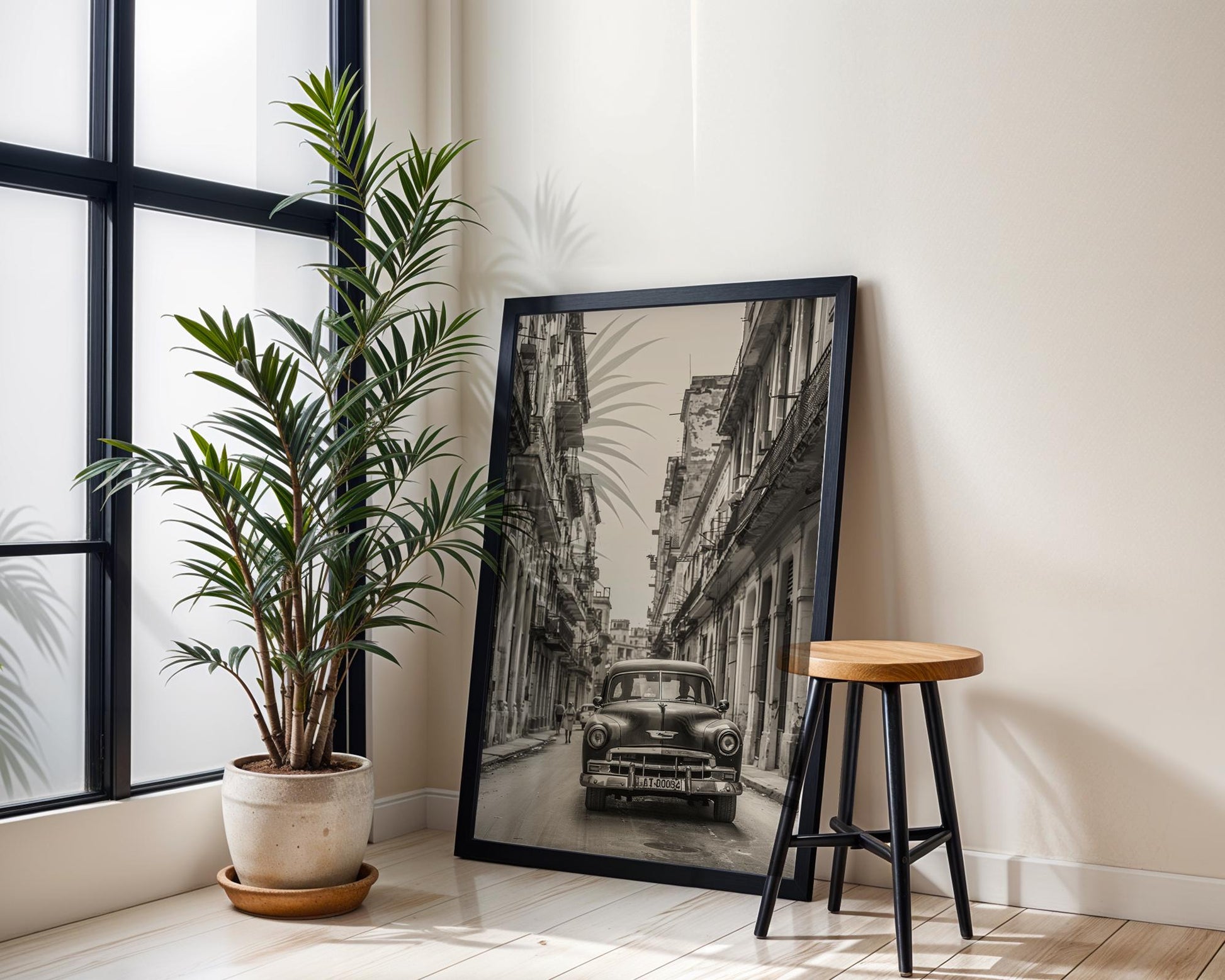 World Landmark | Havana Cuba Street Photography | Classic Chevrolet Car Art Print black and white photo print, minimalist monochrome wall art poster for modern interiors, Monohaus