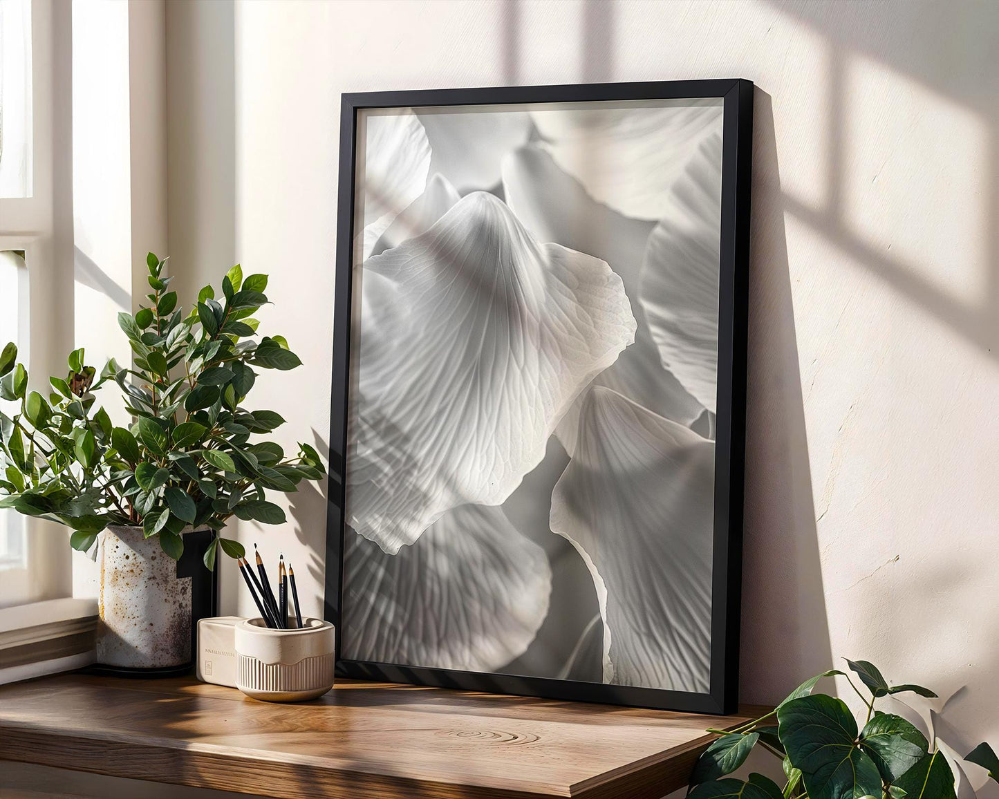 Botanical Photo | Soft Minimal Wall Art Petals Print | White Floral Poster wall art print, minimalist black and white poster, modern Scandinavian wall decor, Monohaus