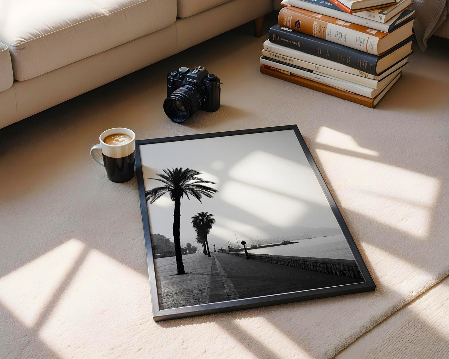 World Landmark | Cannes Promenade Palm Tree Print | French Riviera Black and White Photography wall art print, minimalist black and white poster, modern Scandinavian wall decor, Monohaus