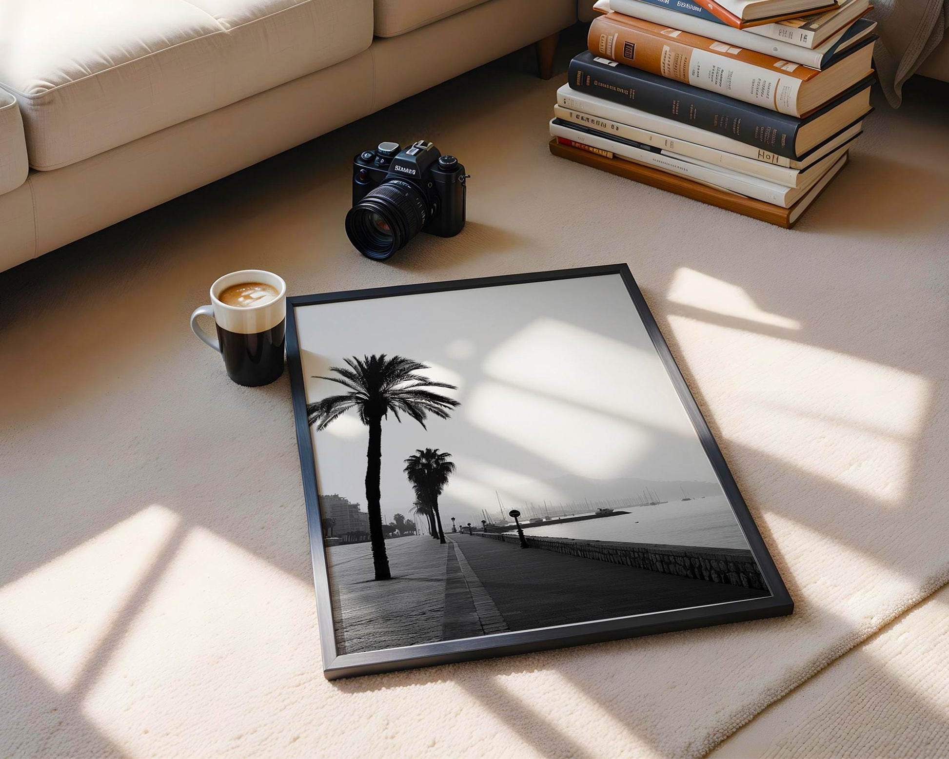 World Landmark | Cannes Promenade Palm Tree Print | French Riviera Black and White Photography wall art print, minimalist black and white poster, modern Scandinavian wall decor, Monohaus