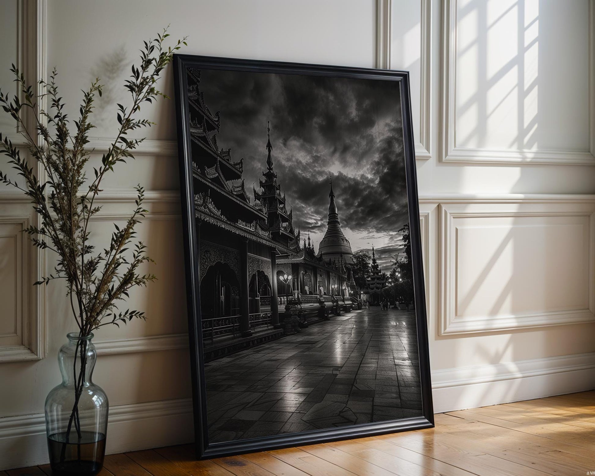 World Landmark | Shwedagon Pagoda Print | Yangon, Myanmar Black and White Photography wall art print, minimalist black and white poster, modern Scandinavian wall decor, Monohaus