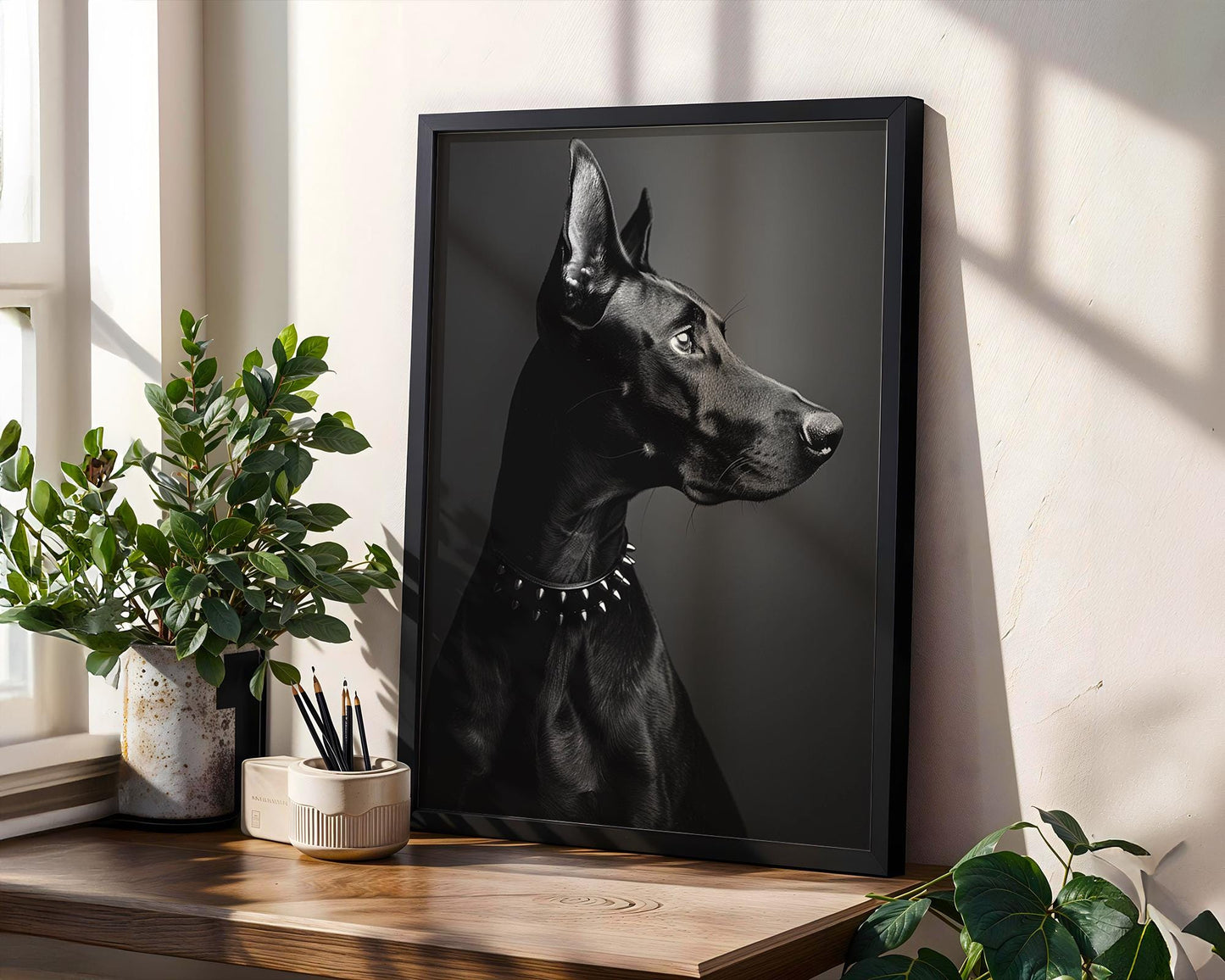 Dog Photography Doberman Art Print | Sleek Spiked Collar, Minimalist Pet Poster wall art print, minimalist black and white poster, modern Scandinavian wall decor, Monohaus