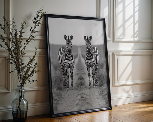 Wildlife Poster | Zebra Pair Fine Art Print • Black & White Safari Photography wall art print, minimalist black and white poster, modern Scandinavian wall decor, Monohaus