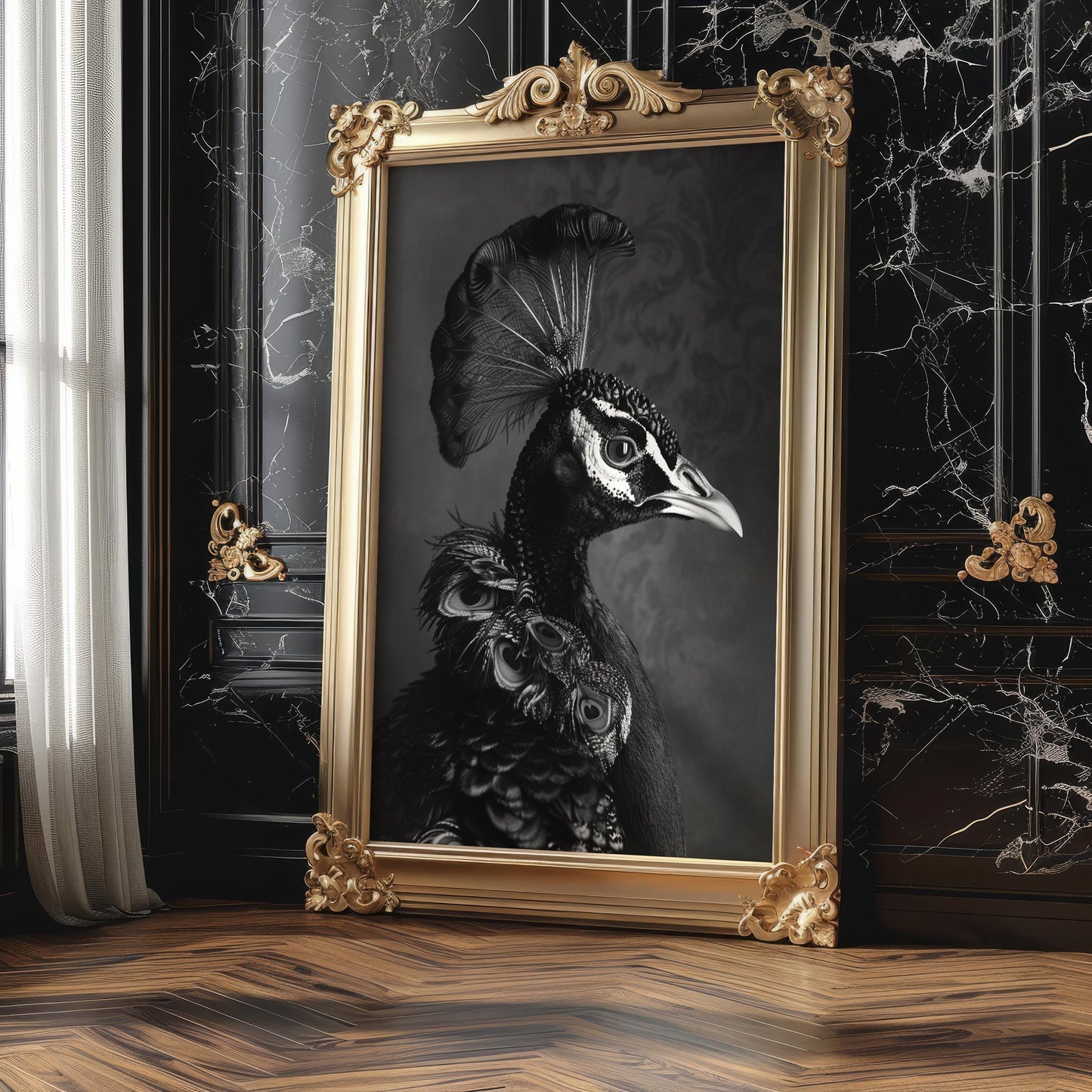 Dog Photography Black and White Peacock Portrait | Fine Art Home Decor Print wall art print, minimalist black and white poster, modern Scandinavian wall decor, Monohaus