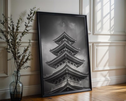World Landmark | Osaka Pagoda Print | Black and White Japanese Architecture