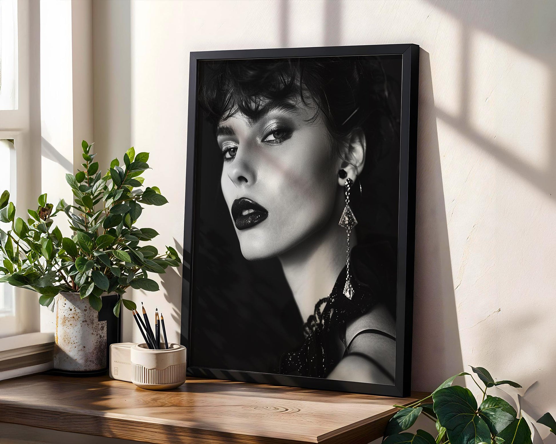 Minimal Wall Art Glamour Portrait Print | Sultry Woman, Glitter Lips, Black and White wall art print, minimalist black and white poster, modern Scandinavian wall decor, Monohaus