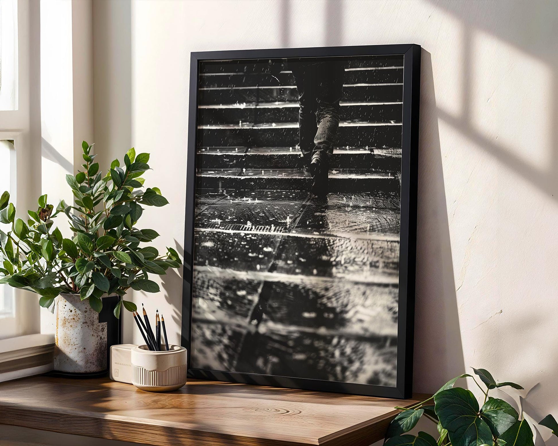 Urban Photography | Moody Rain Print | Atmospheric Street Scene Noir Film Vibe black and white photo print, minimalist monochrome wall art poster for modern interiors, Monohaus