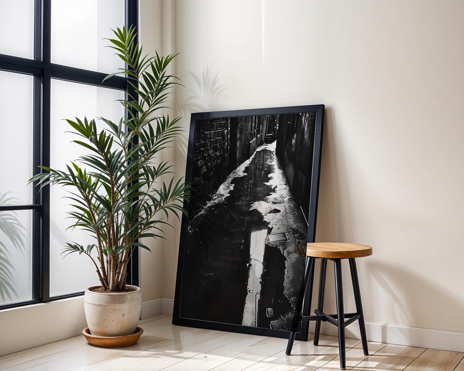 Urban Photography | Black and White Alleyway Fine Art Print | Urban Reflection black and white photo print, minimalist monochrome wall art poster for modern interiors, Monohaus