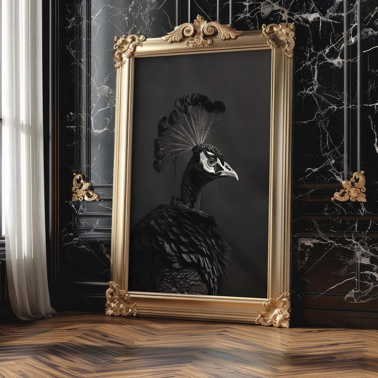 Designer Wall Art | Minimalist Peacock Portrait | Black and White Fine Art Print wall art print, minimalist black and white poster, modern Scandinavian wall decor, Monohaus