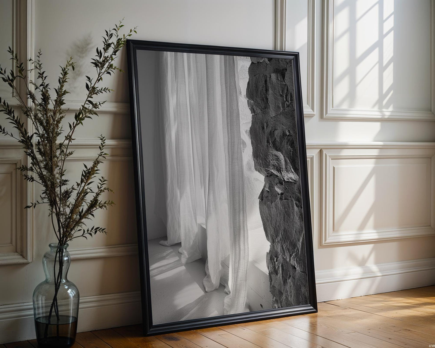 Minimal Wall Art Curtain Photography Print | Modern Neutral Home wall art print, minimalist black and white poster, modern Scandinavian wall decor, Monohaus