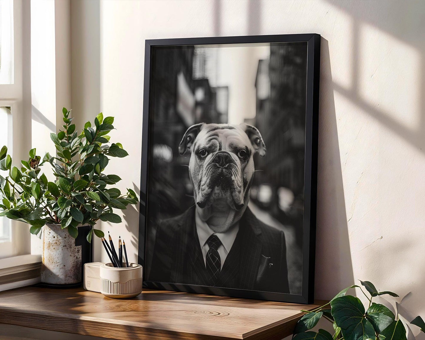 Dog Photography Bulldog Pinstripe Suit Print | Black and White Canine Portrait wall art print, minimalist black and white poster, modern Scandinavian wall decor, Monohaus