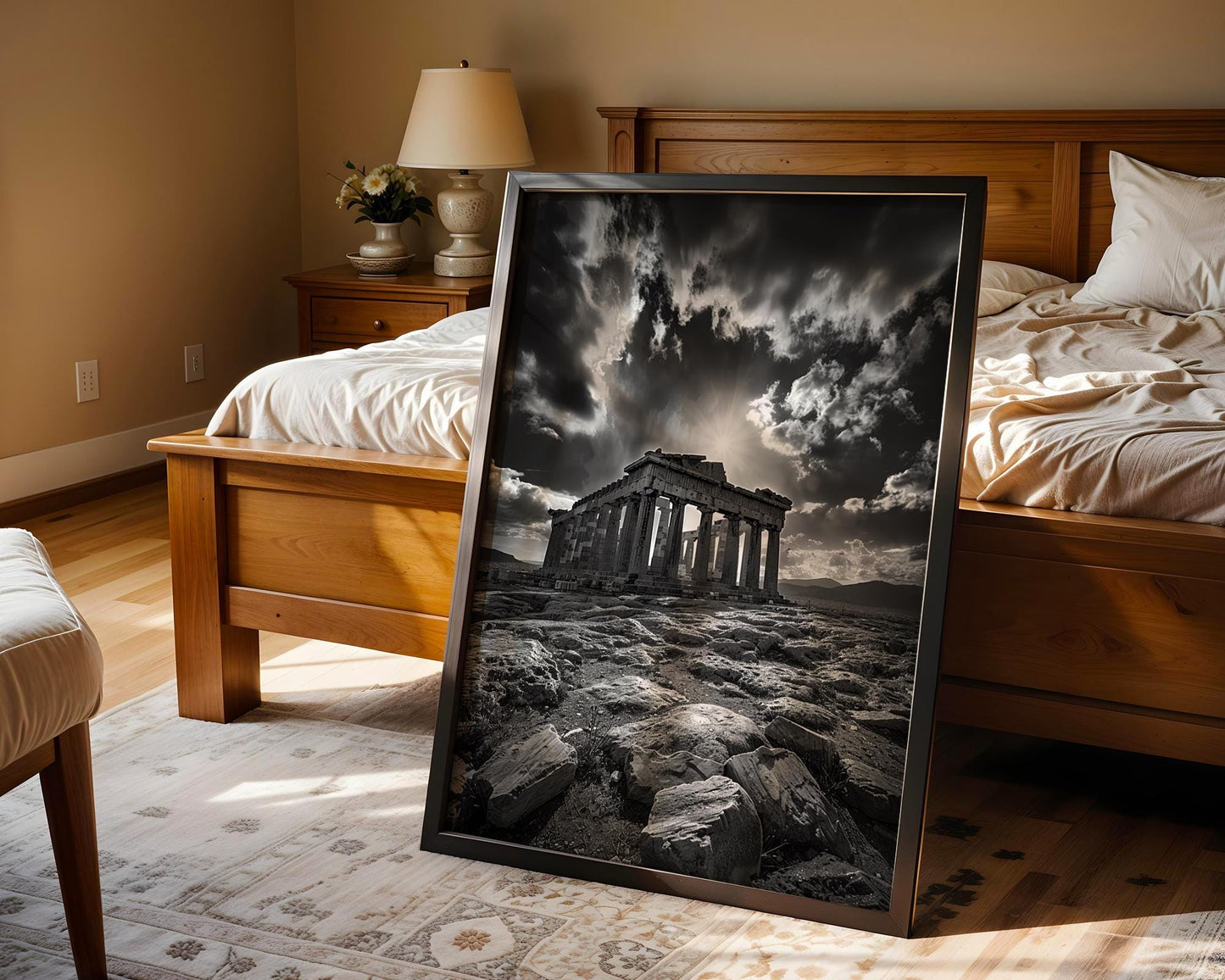 World Landmark | Parthenon Temple Sunburst Print | Black and White Athens Architecture