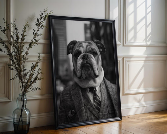 Dog Photography Bulldog in Plaid Suit Art Print | Dapper Animal Portrait wall art print, minimalist black and white poster, modern Scandinavian wall decor, Monohaus