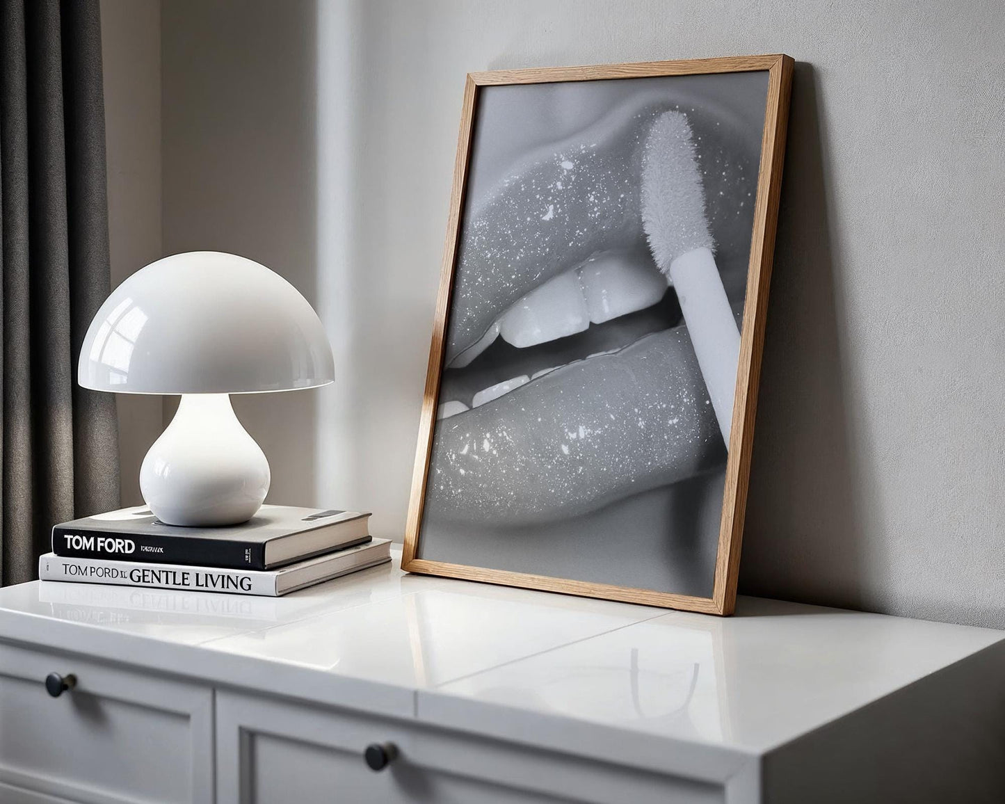 Designer Wall Art | Glitter Lips Print | Black and White Glam Makeup Photography wall art print, minimalist black and white poster, modern Scandinavian wall decor, Monohaus