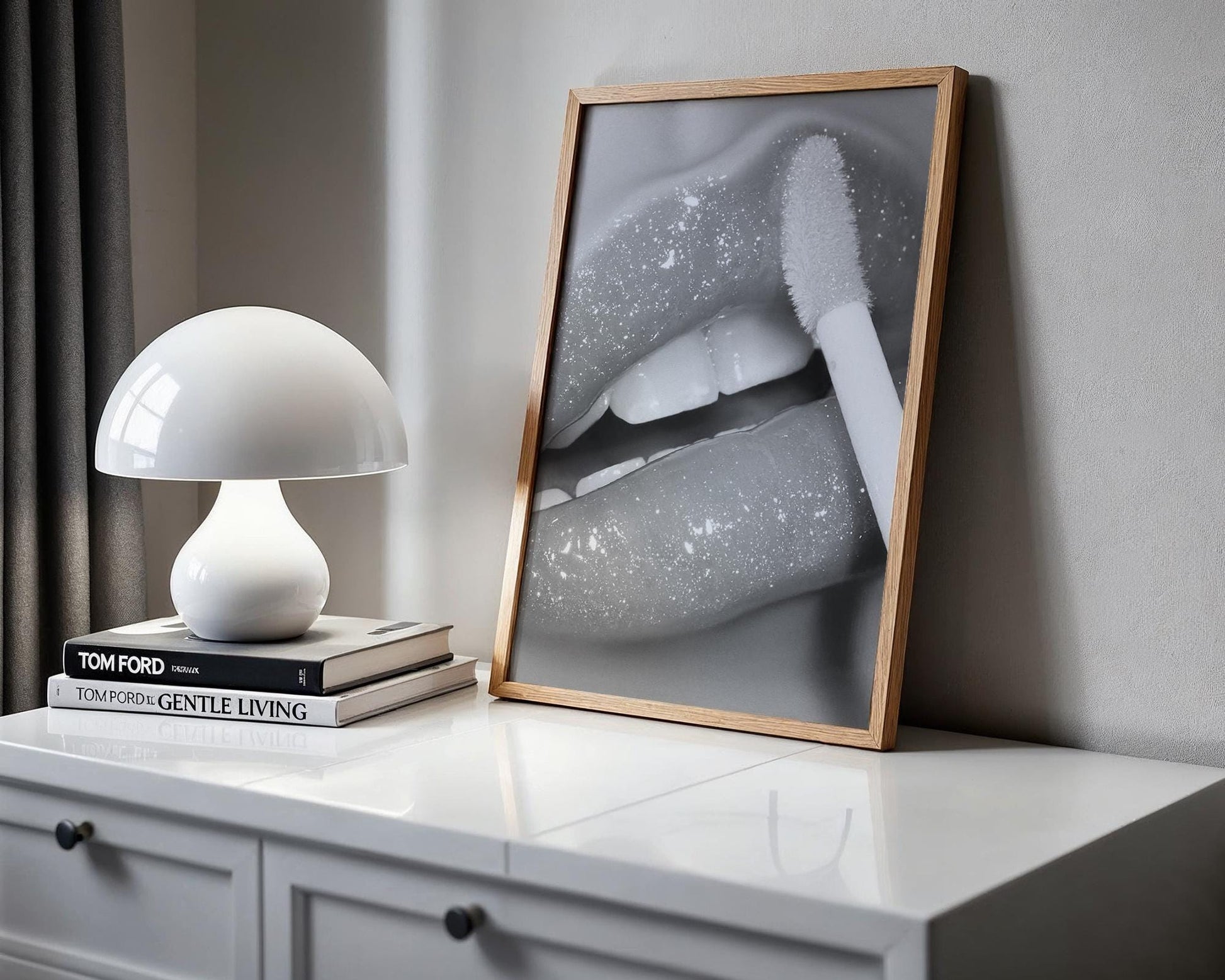 Designer Wall Art | Glitter Lips Print | Black and White Glam Makeup Photography wall art print, minimalist black and white poster, modern Scandinavian wall decor, Monohaus