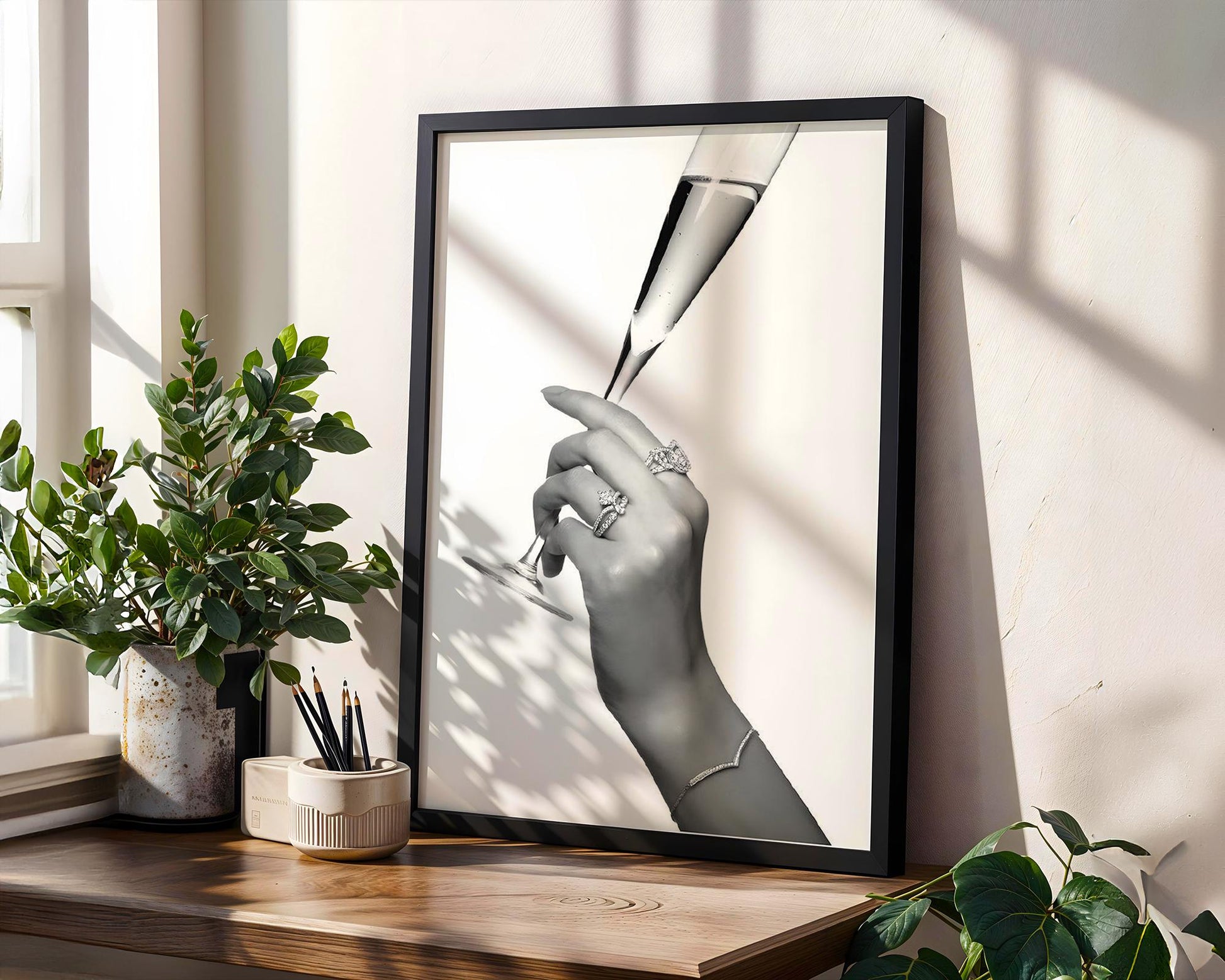 Designer Wall Art | Champagne Toast Print | Minimalist Black and White Glam Art wall art print, minimalist black and white poster, modern Scandinavian wall decor, Monohaus