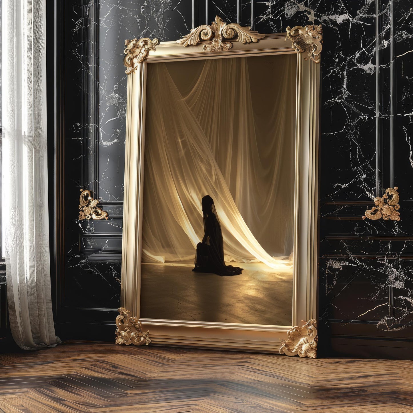 Veiled Figure Art Print | Moody Ethereal Silhouette Wall Decor wall art print, minimalist black and white poster, modern Scandinavian wall decor, Monohaus