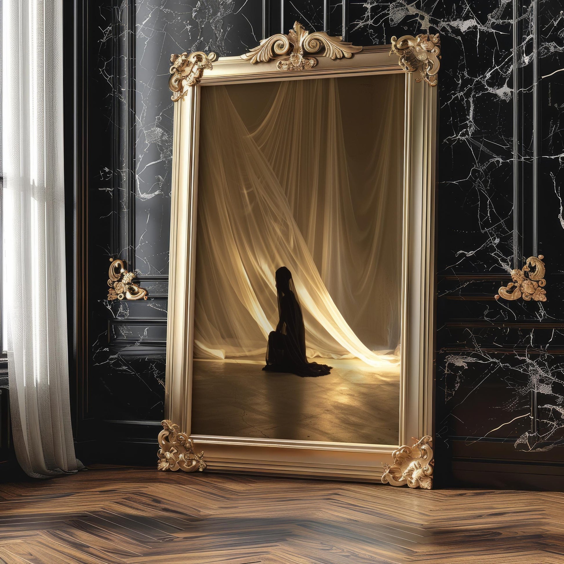 Veiled Figure Art Print | Moody Ethereal Silhouette Wall Decor wall art print, minimalist black and white poster, modern Scandinavian wall decor, Monohaus