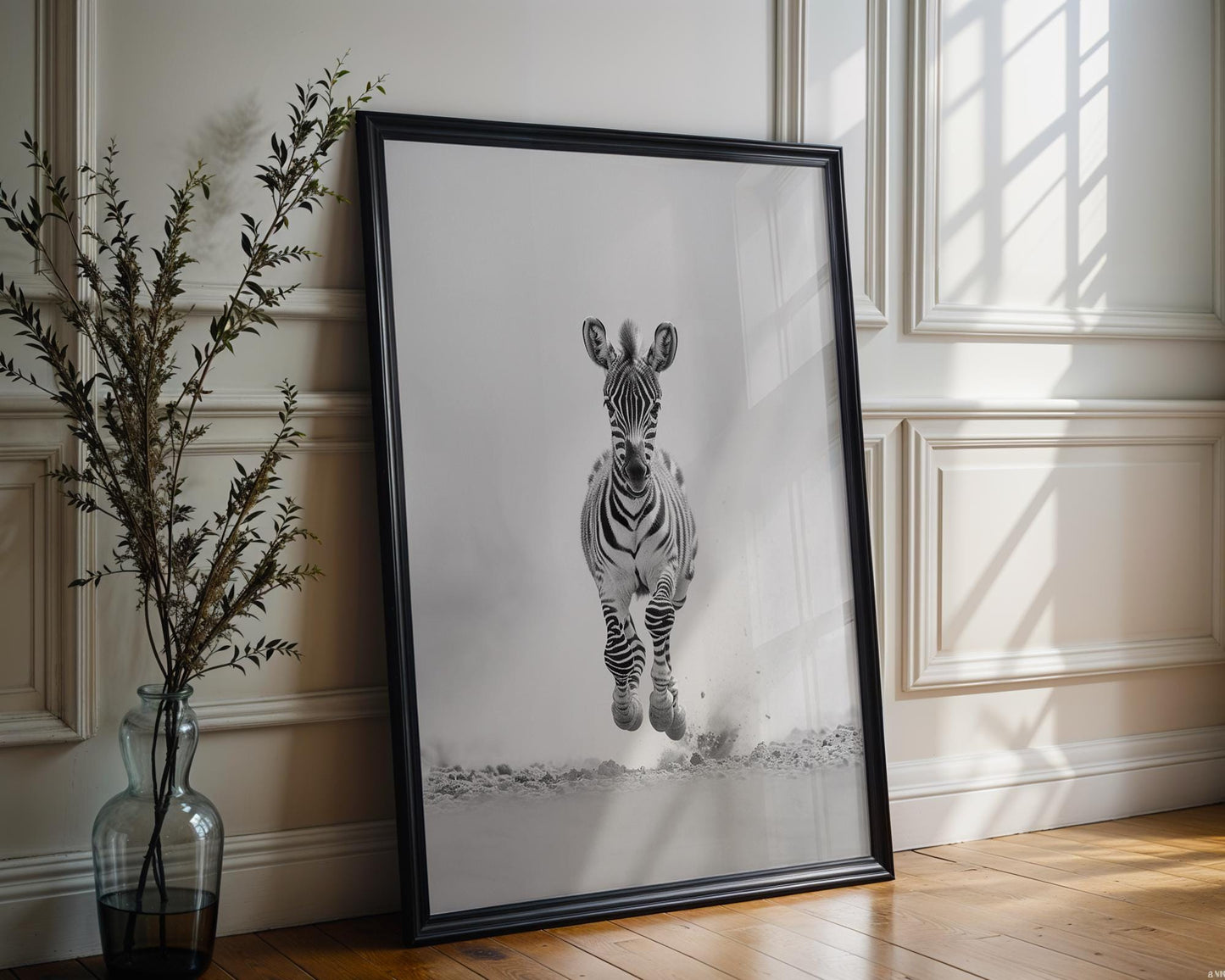 Wildlife Poster | Running Zebra Foal Print • Black & White Minimalist Safari Photography wall art print, minimalist black and white poster, modern Scandinavian wall decor, Monohaus