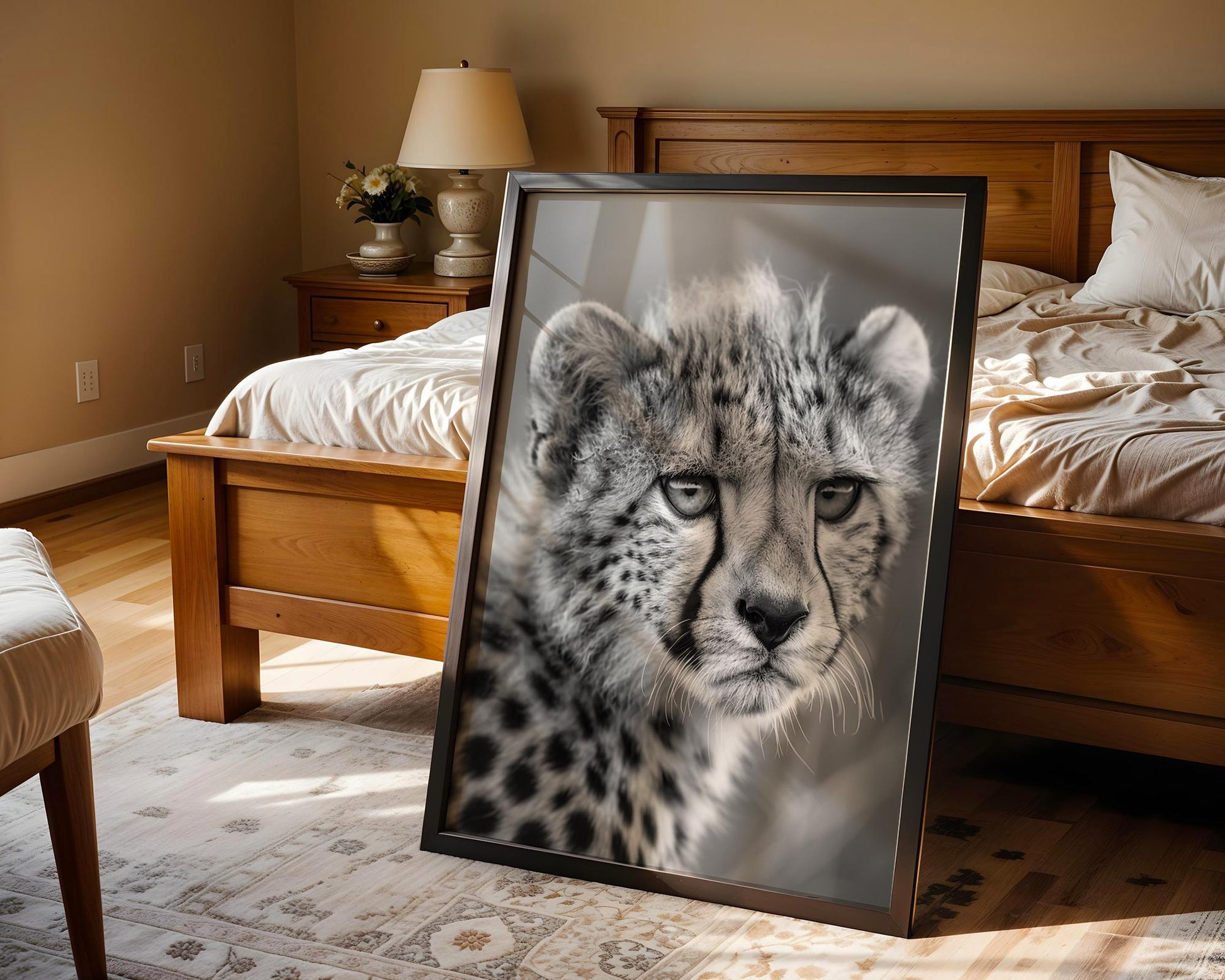 Wildlife Poster | Cheetah Close-Up Print • Black & White Safari Photography wall art print, minimalist black and white poster, modern Scandinavian wall decor, Monohaus