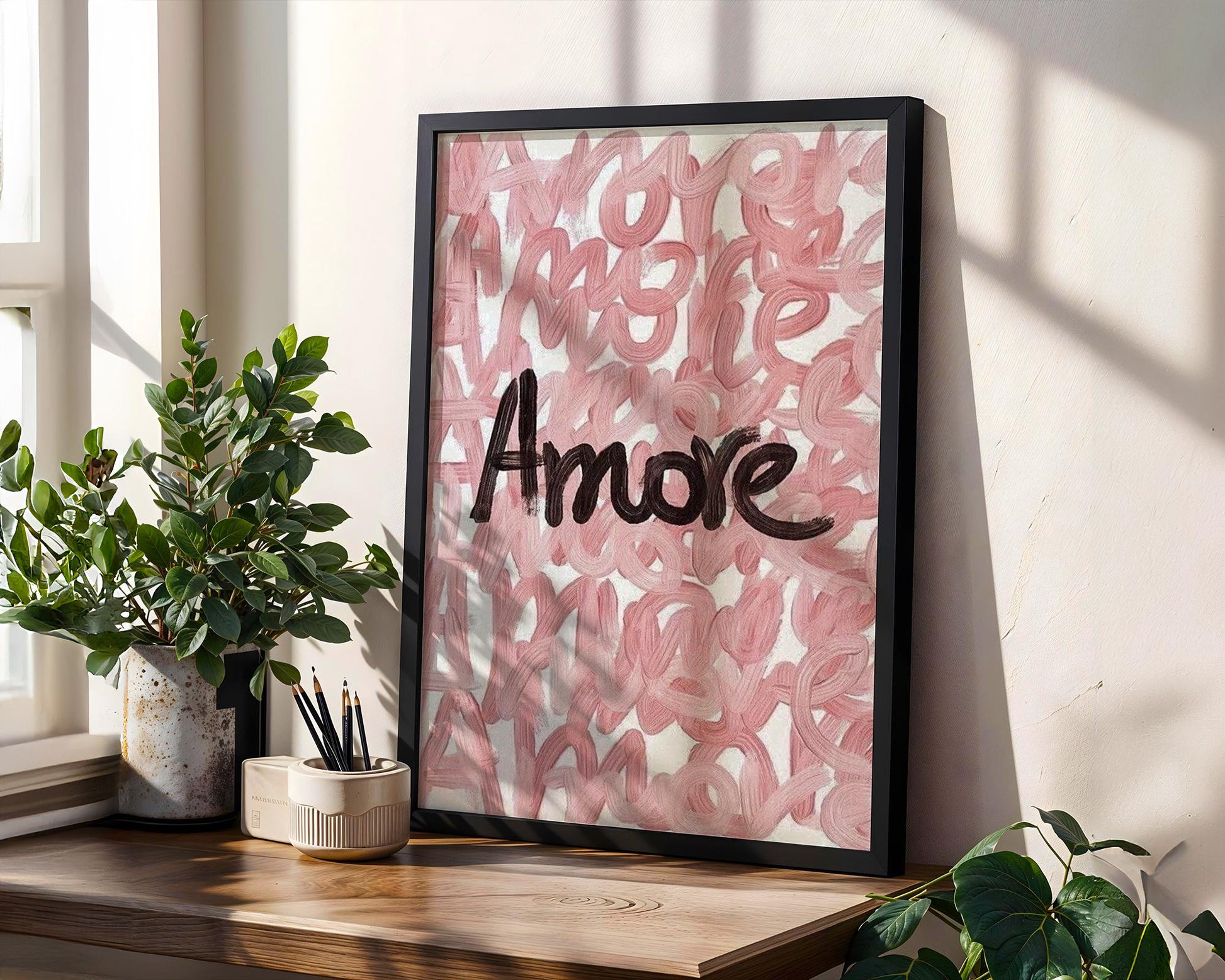 Designer Wall Art | Amore Typography Poster | Modern Blush Pink Love Print typography wall art print, minimalist black and white type poster, modern graphic design decor, Monohaus