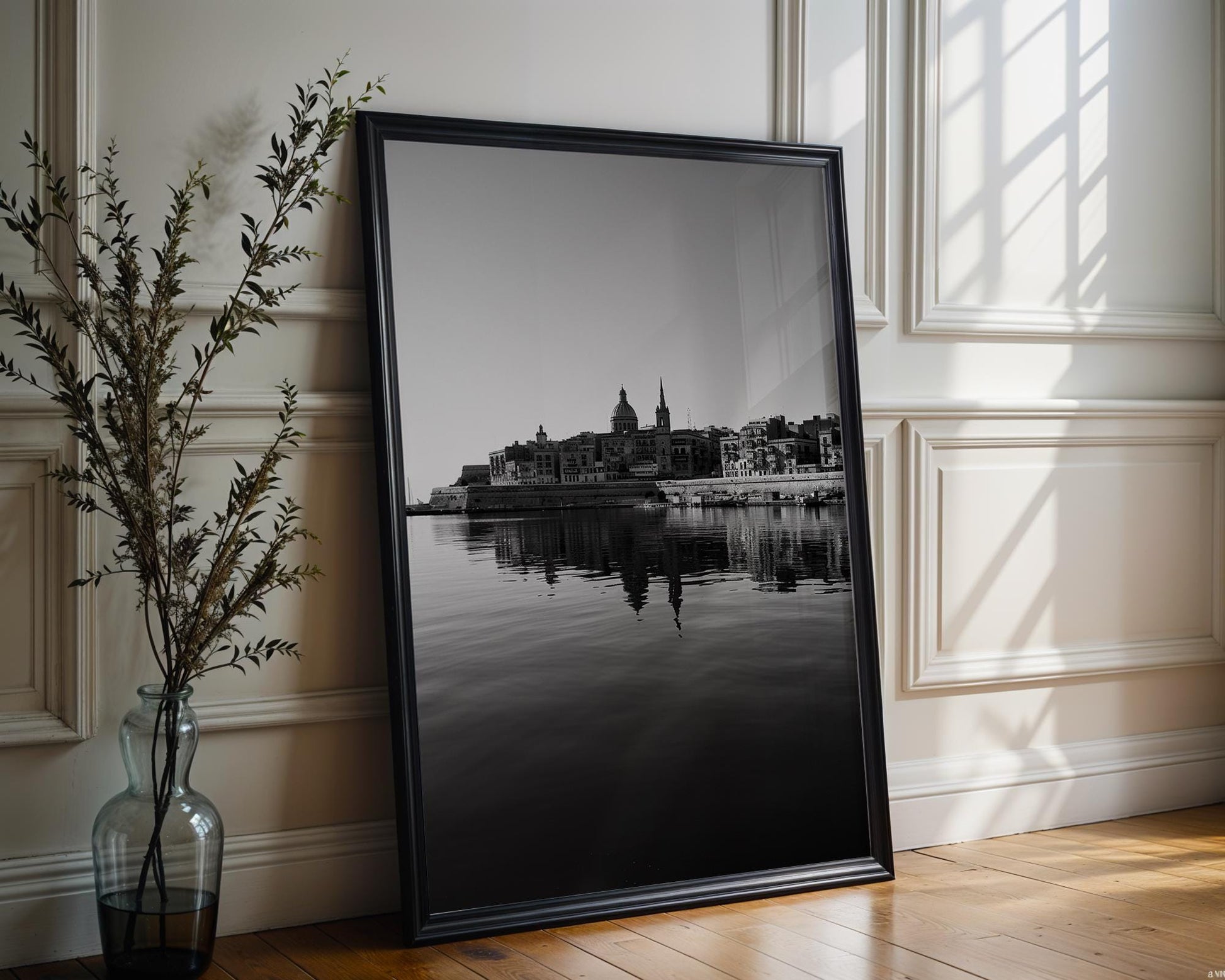 World Landmark | Valletta Harbor Print | Black & White Malta Cityscape Photography wall art print, black and white architectural poster, minimalist modern Scandinavian wall decor, Monohaus