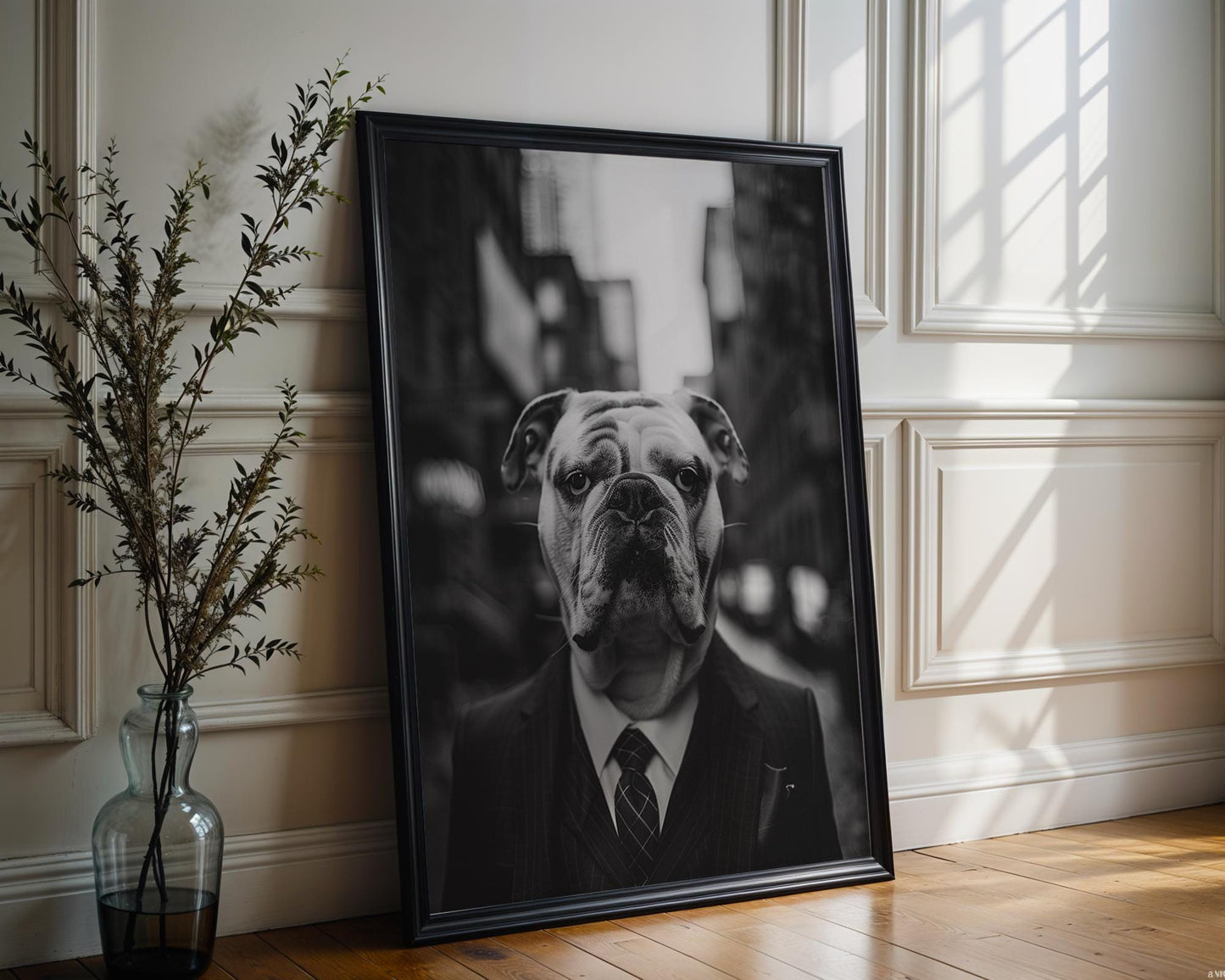Dog Photography Bulldog Pinstripe Suit Print | Black and White Canine Portrait wall art print, minimalist black and white poster, modern Scandinavian wall decor, Monohaus
