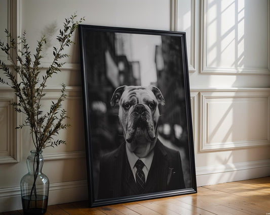 Dog Photography Bulldog Pinstripe Suit Print | Black and White Canine Portrait wall art print, minimalist black and white poster, modern Scandinavian wall decor, Monohaus