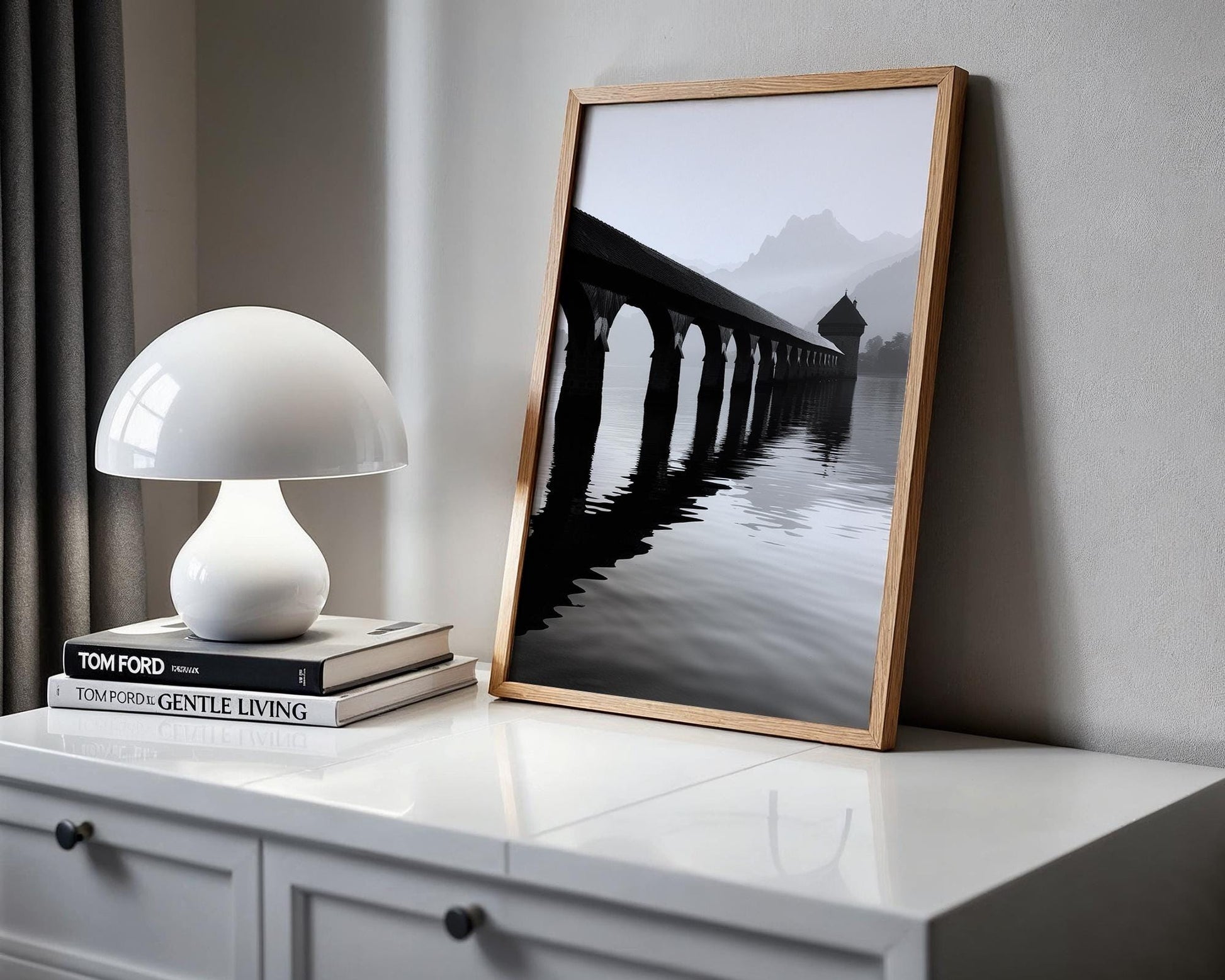 World Landmark | Chapel Bridge, Lake Lucerne Print | Swiss Black and White Photography wall art print, minimalist black and white poster, modern Scandinavian wall decor, Monohaus
