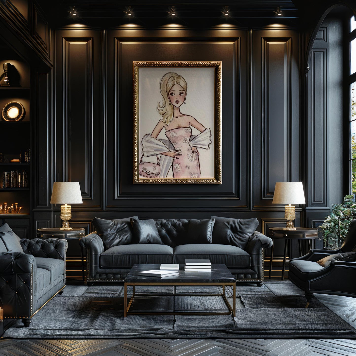 Designer Wall Art | Blonde Fashion Girl Print | Retro Pink Dress wall art print, minimalist black and white poster, modern Scandinavian wall decor, Monohaus