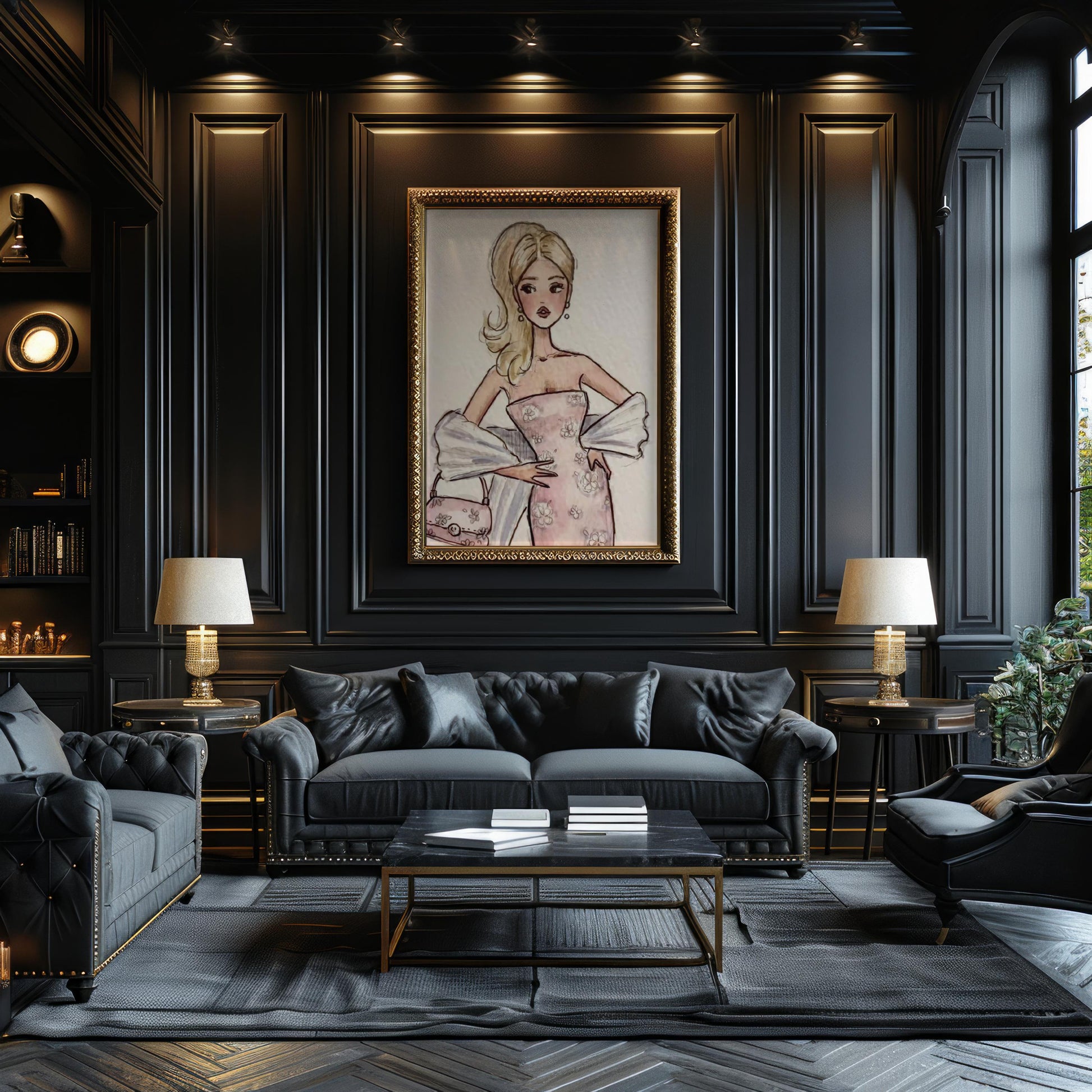 Designer Wall Art | Blonde Fashion Girl Print | Retro Pink Dress wall art print, minimalist black and white poster, modern Scandinavian wall decor, Monohaus