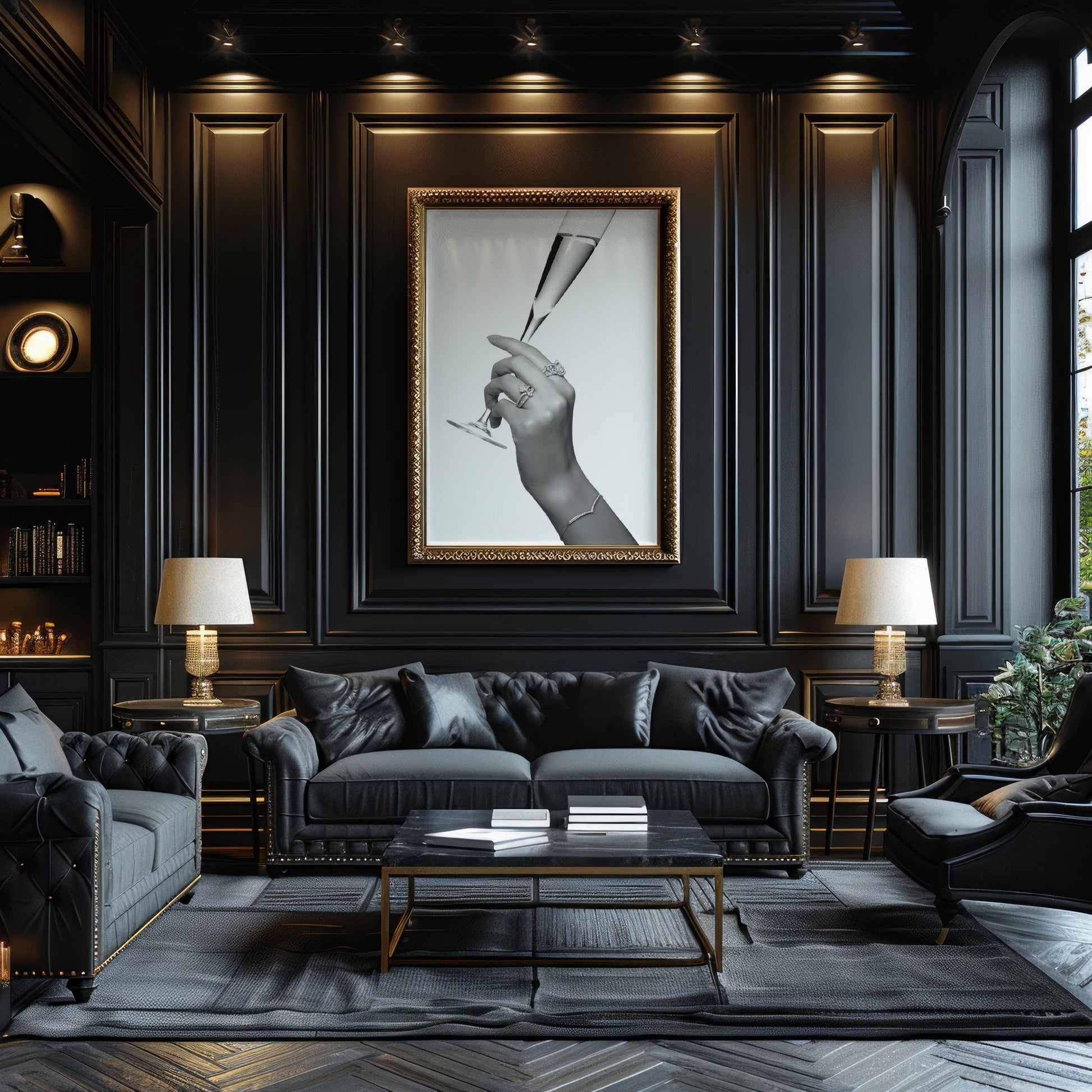 Designer Wall Art | Champagne Toast Print | Minimalist Black and White Glam Art wall art print, minimalist black and white poster, modern Scandinavian wall decor, Monohaus