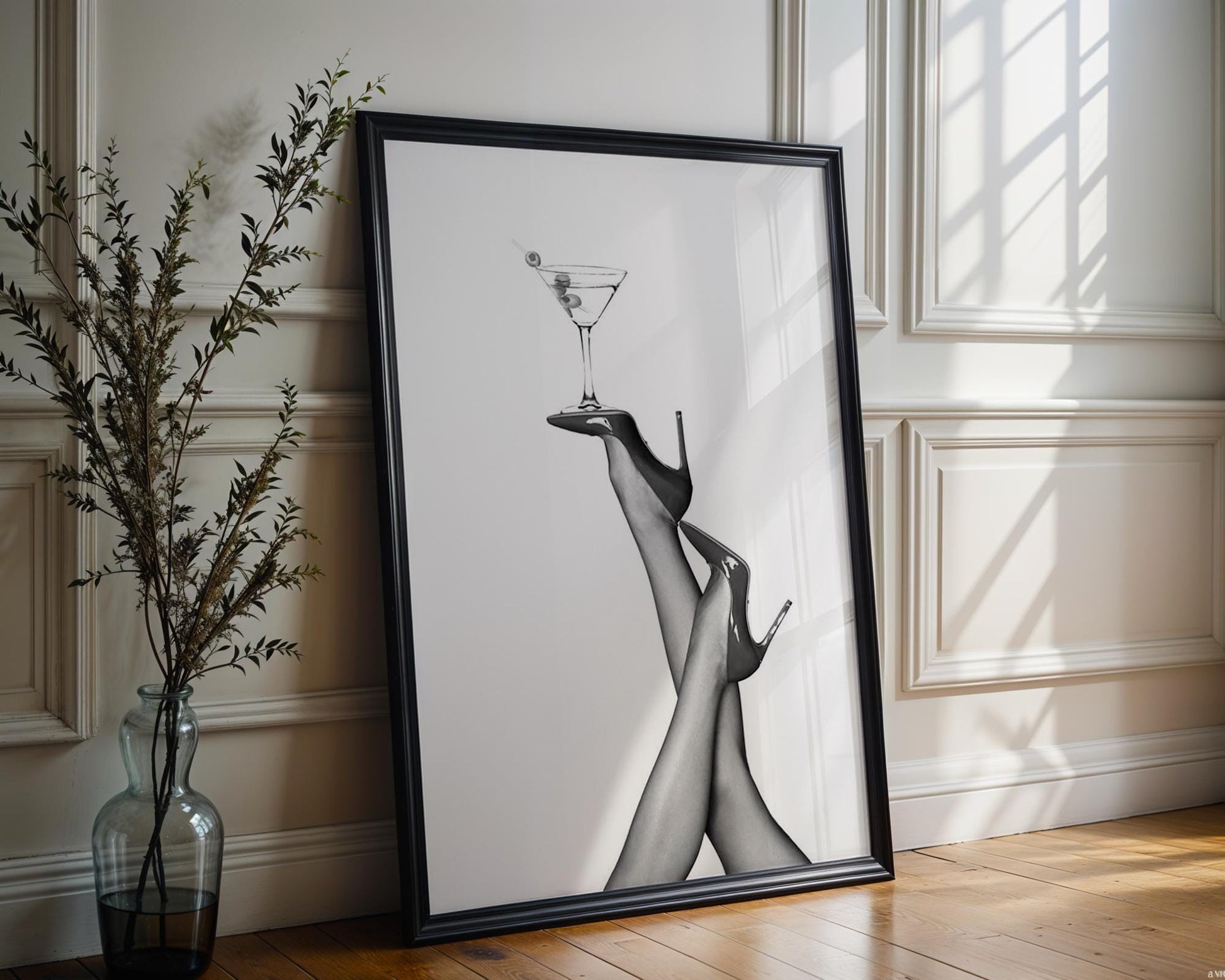 Designer Wall Art | Martini & Heels Print | Black and White Fashion Home Decor wall art print, minimalist black and white poster, modern Scandinavian wall decor, Monohaus