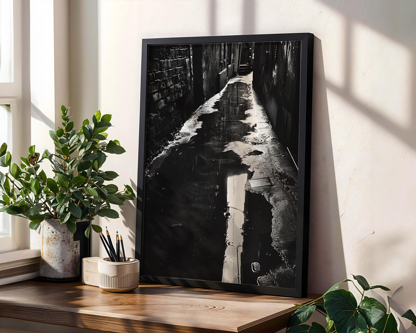 Urban Photography | Black and White Alleyway Fine Art Print | Urban Reflection black and white photo print, minimalist monochrome wall art poster for modern interiors, Monohaus