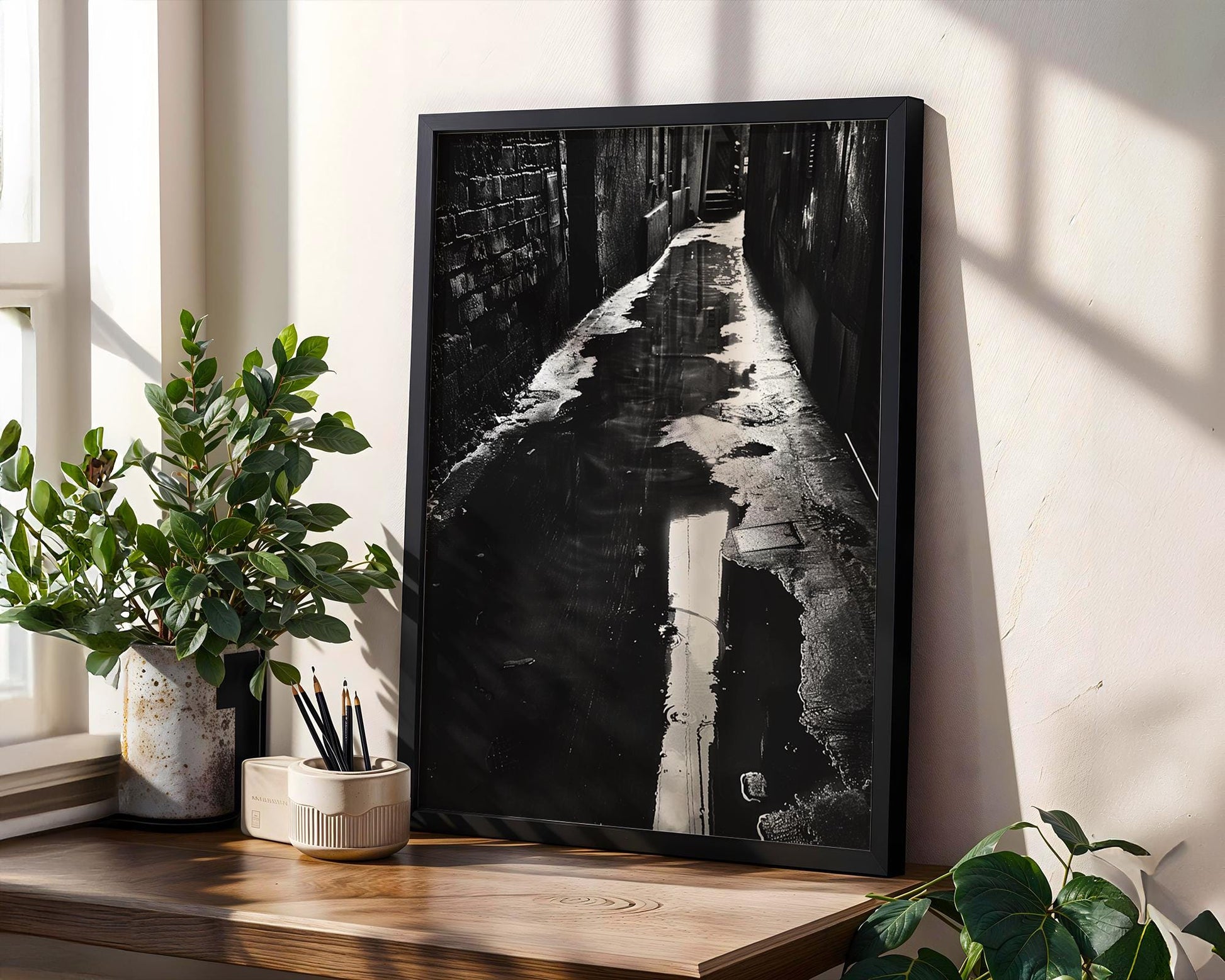 Urban Photography | Black and White Alleyway Fine Art Print | Urban Reflection black and white photo print, minimalist monochrome wall art poster for modern interiors, Monohaus