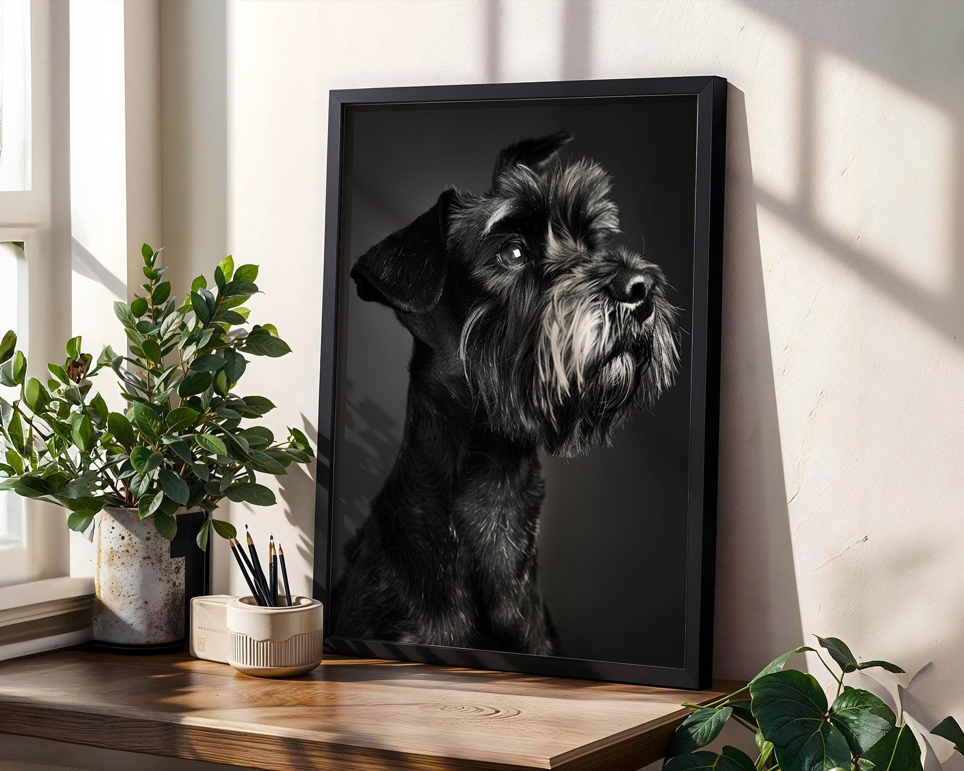Dog Photography Minimal Poster Schnauzer Portrait Print | Minimalist Black and White Pet Home Decor wall art print, minimalist black and white poster, modern Scandinavian wall decor, Monohaus