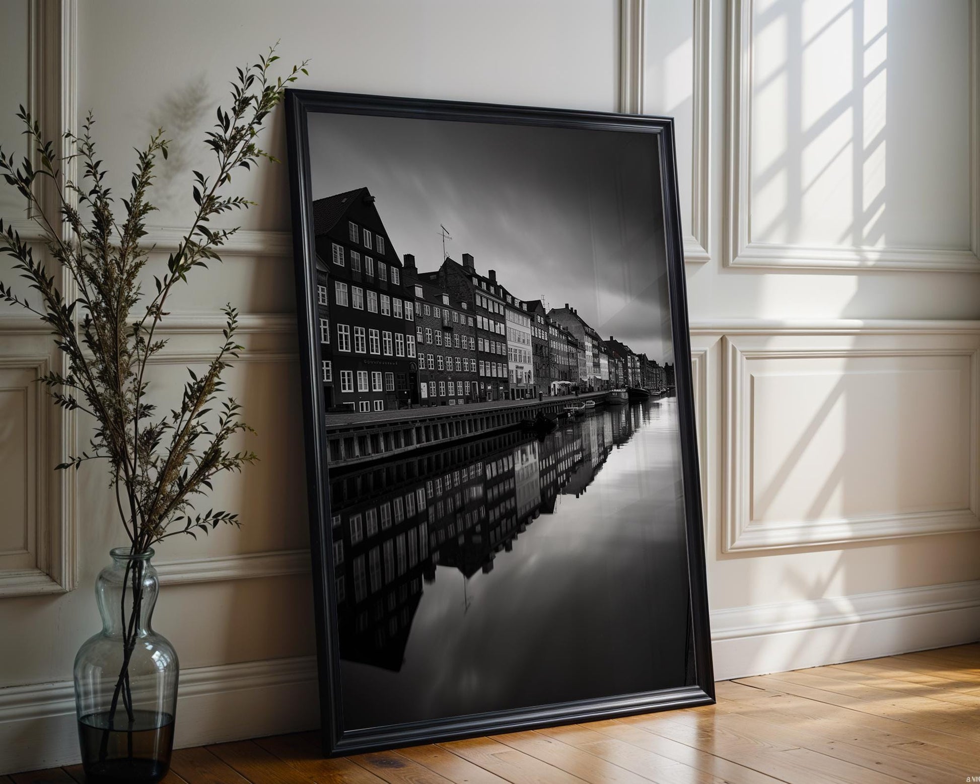 World Landmark | Copenhagen Canal Print | Black & White Scandi Architecture wall art print, black and white architectural poster, minimalist modern Scandinavian wall decor, Monohaus
