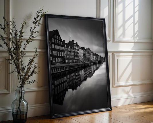 World Landmark | Copenhagen Canal Print | Black & White Scandi Architecture wall art print, black and white architectural poster, minimalist modern Scandinavian wall decor, Monohaus