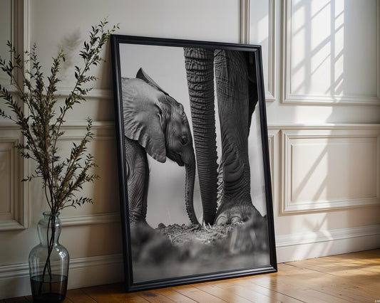 Wildlife Poster | Elephant Calf & Mother Print | Black and White Safari Photography wall art print, minimalist black and white poster, modern Scandinavian wall decor, Monohaus