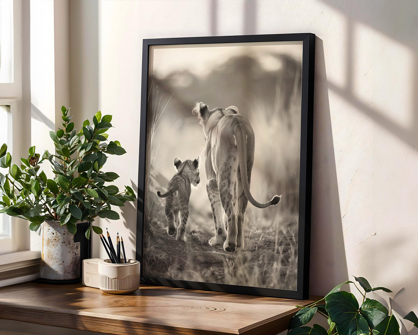 Wildlife Poster | Lion Cub & Mother Sepia Print | Minimalist Safari Wall Art wall art print, minimalist black and white poster, modern Scandinavian wall decor, Monohaus