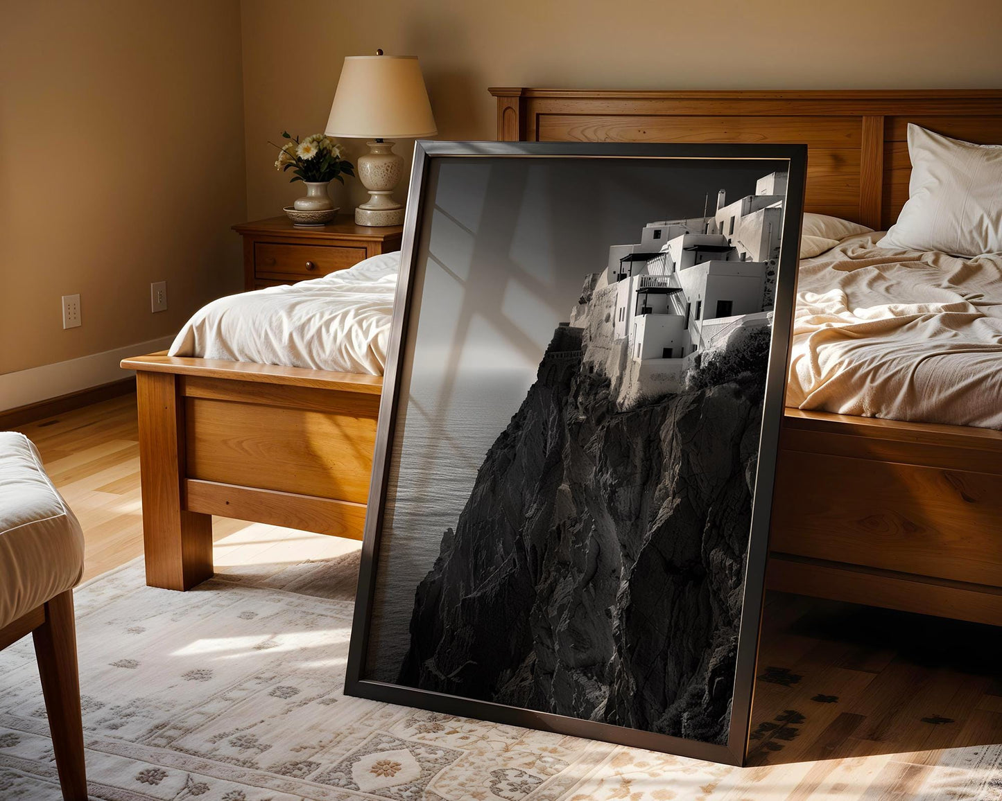 World Landmark | Santorini Cliff Houses Print | Black and White Greece Architecture wall art print, black and white architectural poster, minimalist modern Scandinavian wall decor, Monohaus