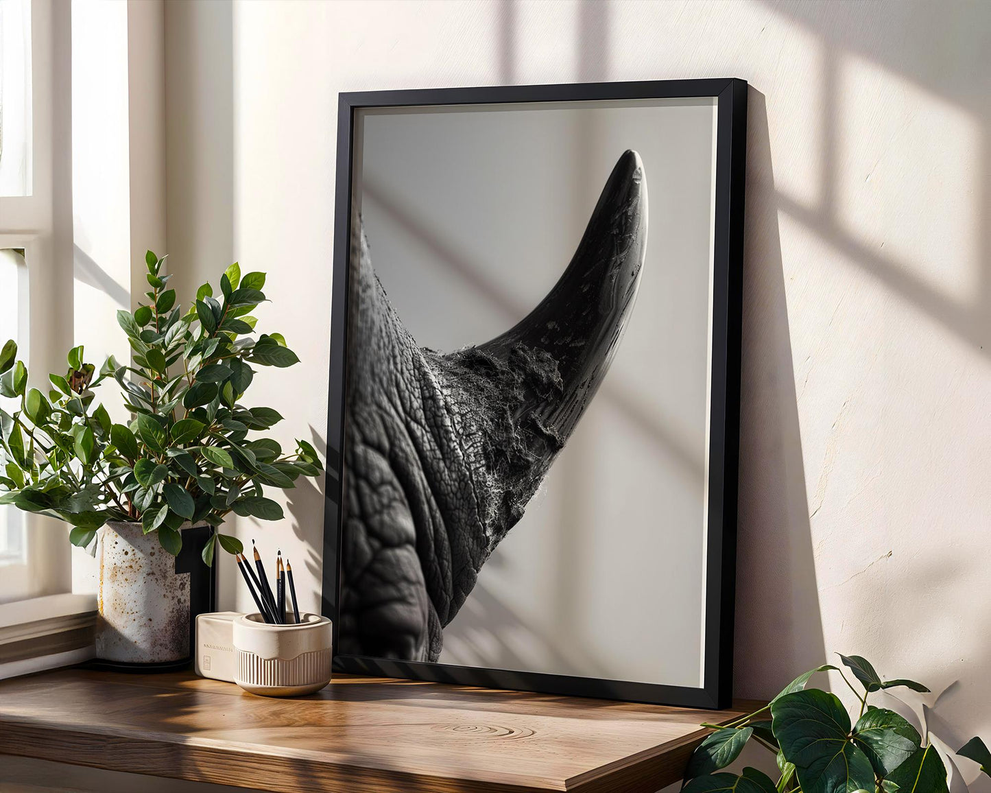 Wildlife Poster | Rhino Horn Fine Art Photography | Modern Scandi Interior Decor wall art print, minimalist black and white poster, modern Scandinavian wall decor, Monohaus