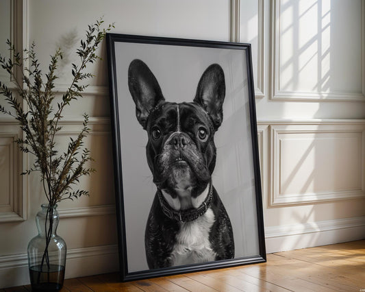 Dog Photography French Bulldog Portrait Print | Minimalist Black and White Pet Art wall art print, minimalist black and white poster, modern Scandinavian wall decor, Monohaus